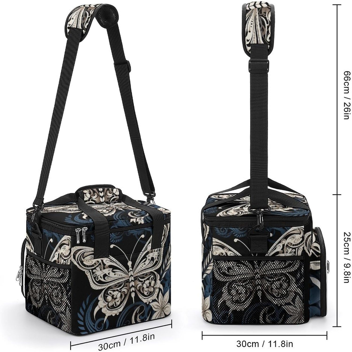 Camping Ice Pack, White Butterflies and Tribal Print Cooler Bag, 22.5L Large Capacity Insulated Lunch Tote Bag for Outdoor, Picnic, BBQ, Travel, Work