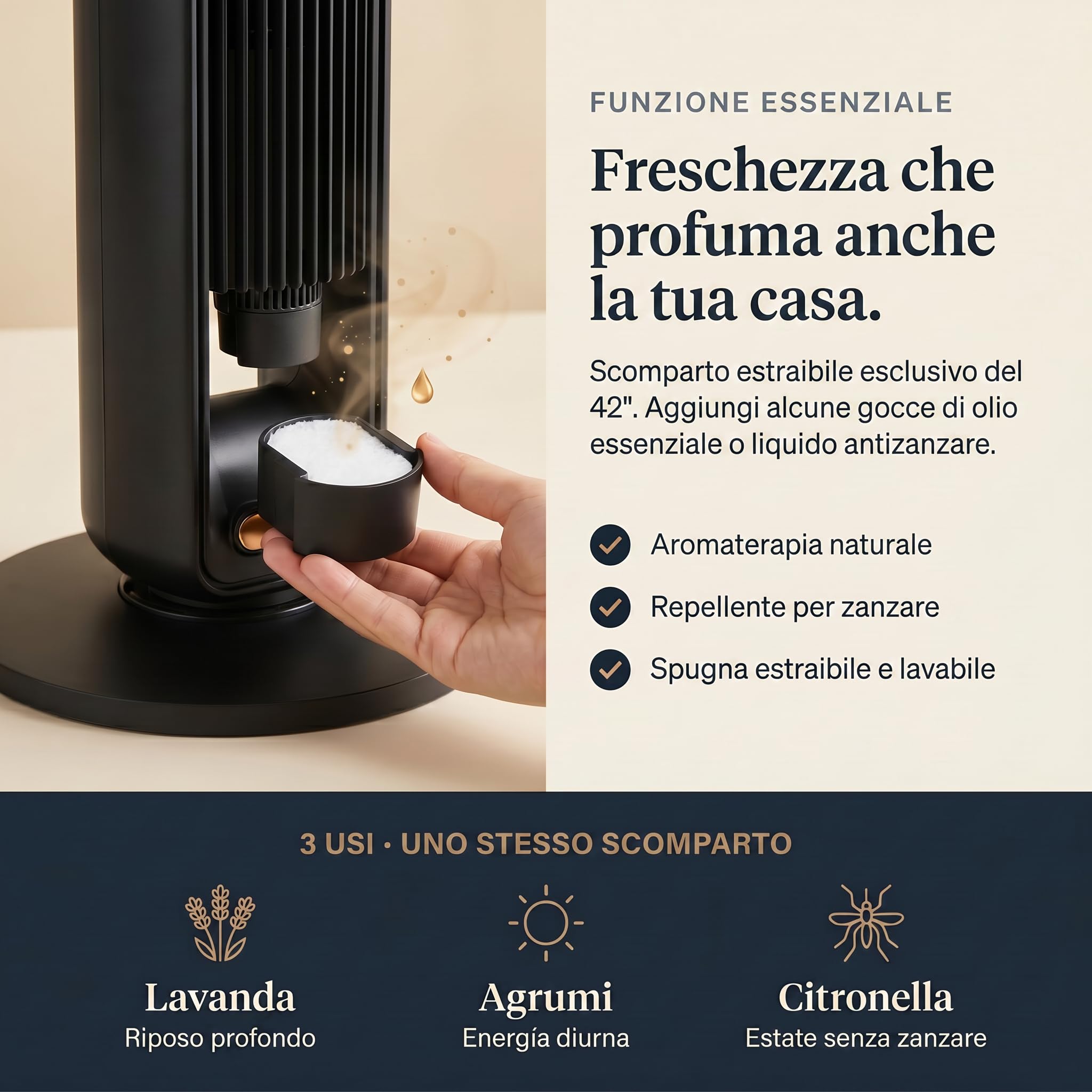 Ventilatore a torre (107 cm), 19 dB, velocità fino a 8.2 m/s, display LED touchscreen, telecomando, 3 velocità, timer da 15 ore, oscillazione di 85°, silenzioso, raffreddamento rapido