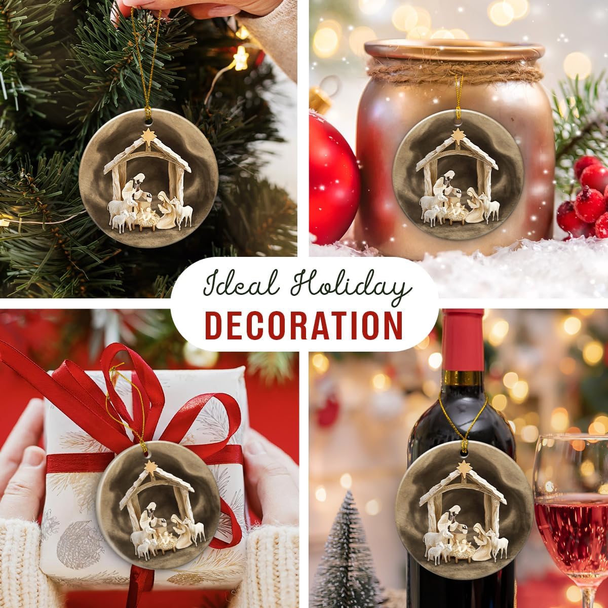 Rustic Nativity Christmas Ornament 2025-2-Sided Printed Ceramic Nativity Scene Ornaments, Religious Presents for Christian Women Men - Holy Family Jesus Christmas Tree Decorations - Image 4