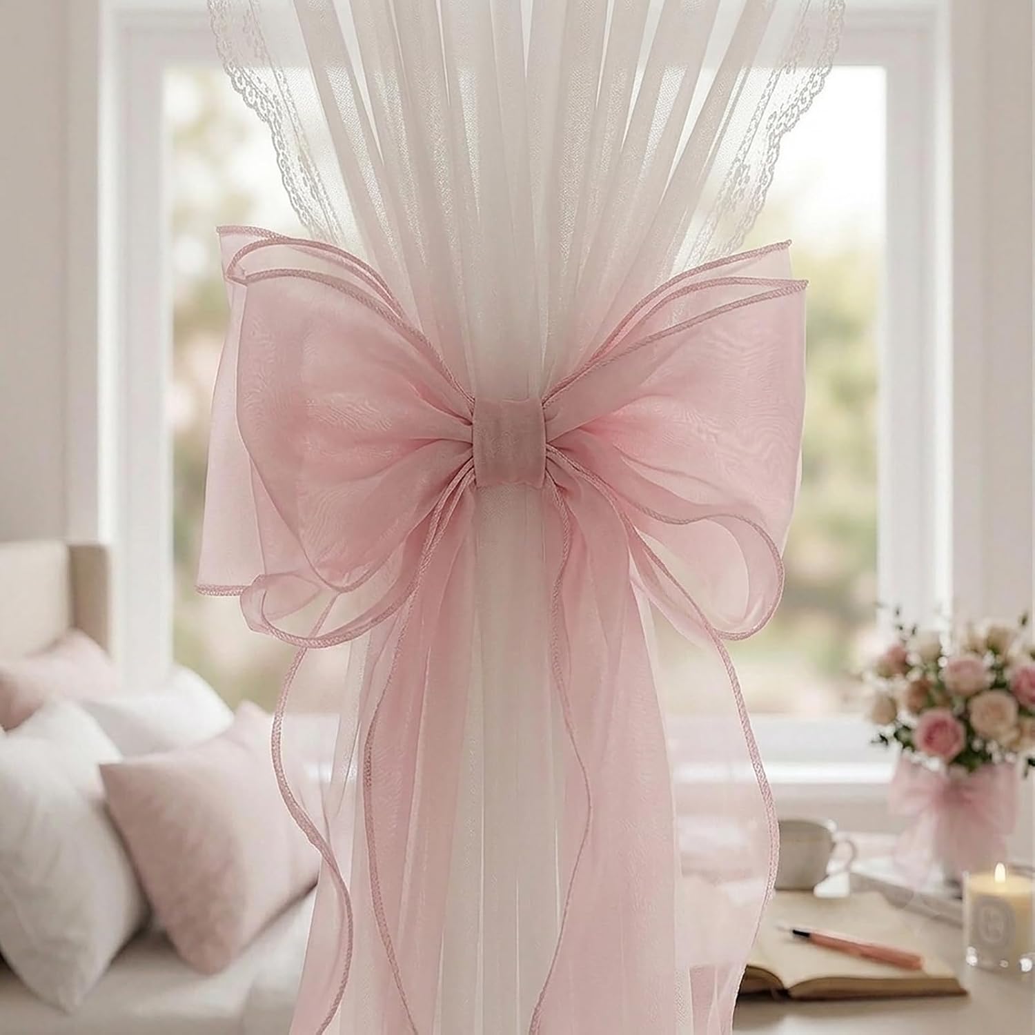 4-Pack Pink Bow Curtain Tiebacks, Decorative Drape Holdbacks | French aesthetic decor for girls bedroom & living room. Herringbone ties add multi-layered elegance.