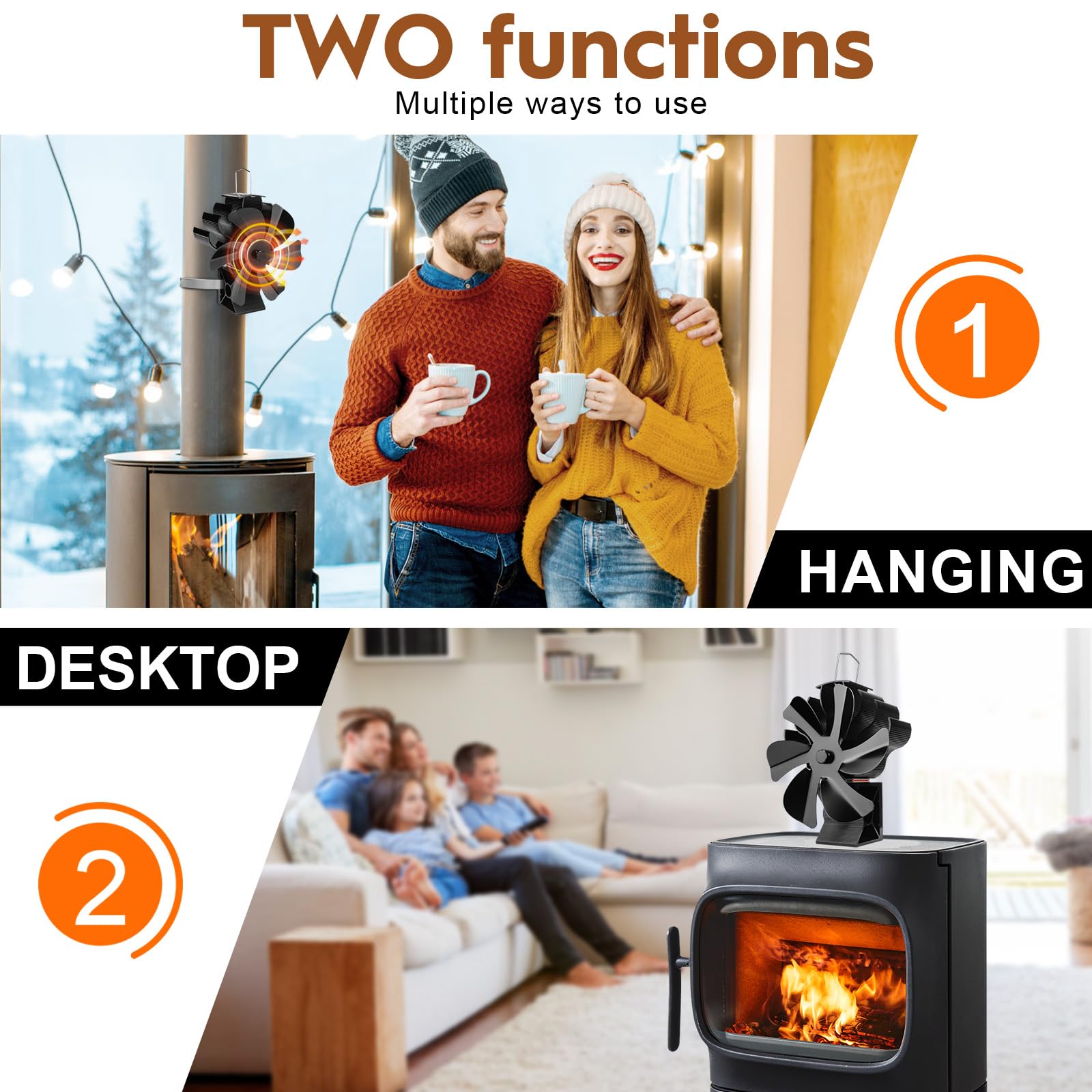 highsam Ventilador de Estufa, 6 Aspas Ventilador de Chimenea, Giratorio Ventilador Para Estufa de Leña con Termómetro, Silencioso Sin electricidad Para Leña/Pellets (1 unidades)