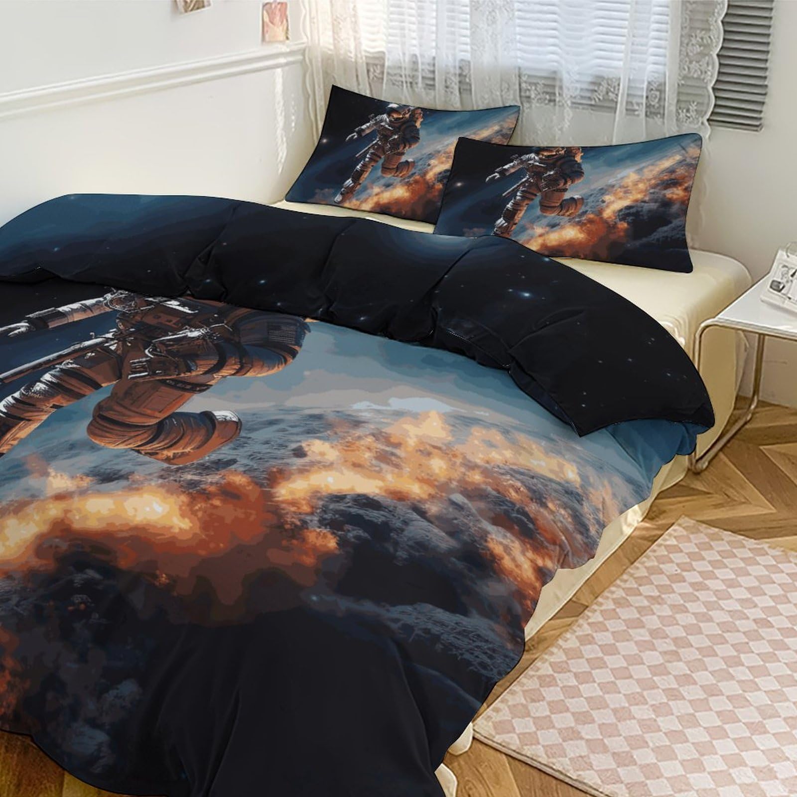 Housse de couette ultra douce grand lit motif astronaute finitions premium