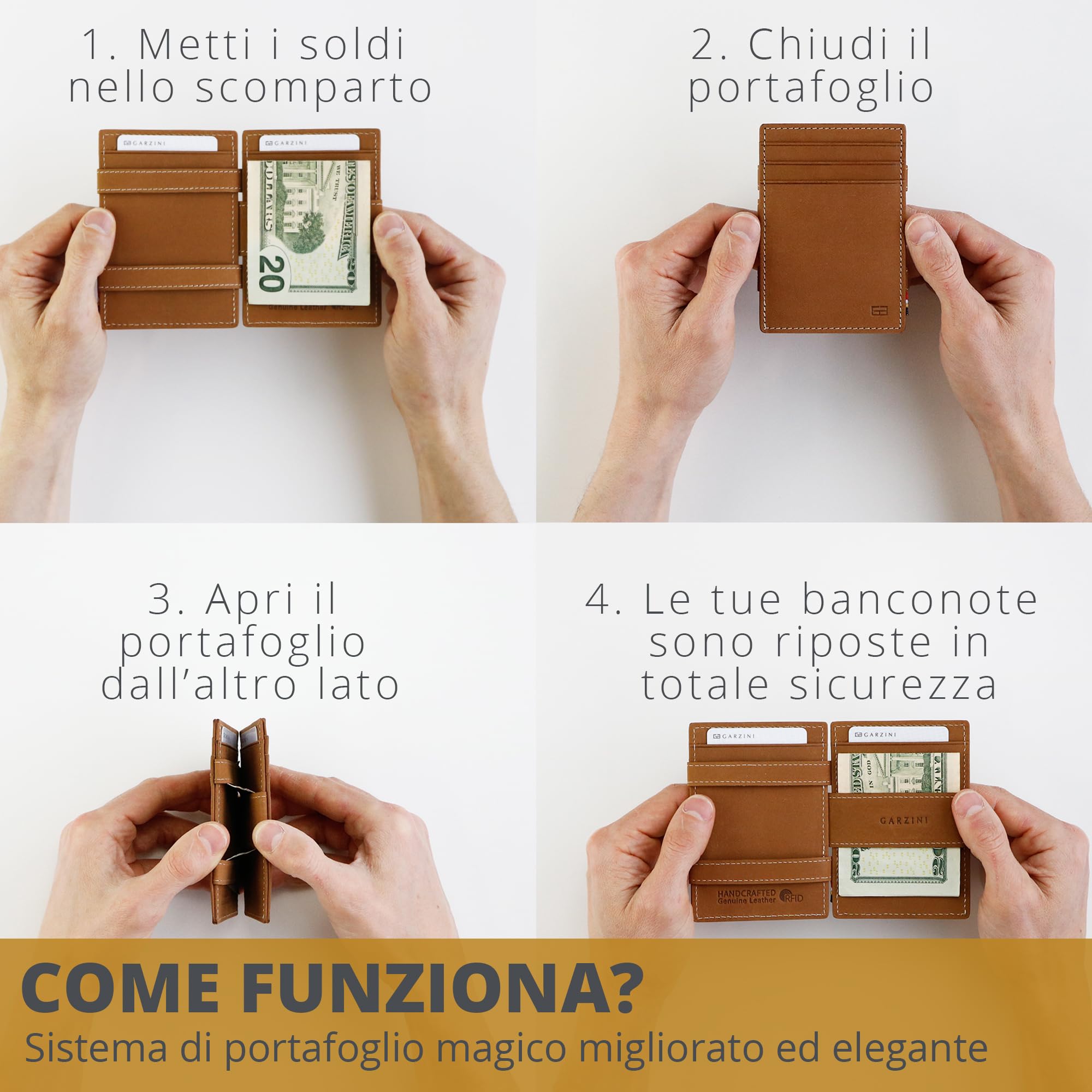 GARZINI Portafoglio Magico - in vera pelle, sottile e minimalista Magic Wallet da uomo con sistema di blocco RFID