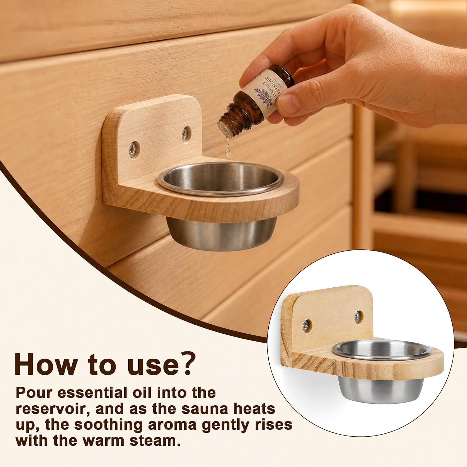 Sauna Essential Oil Holder Wall Mounted Wood Holder & Stainless Steel Bowl image 4