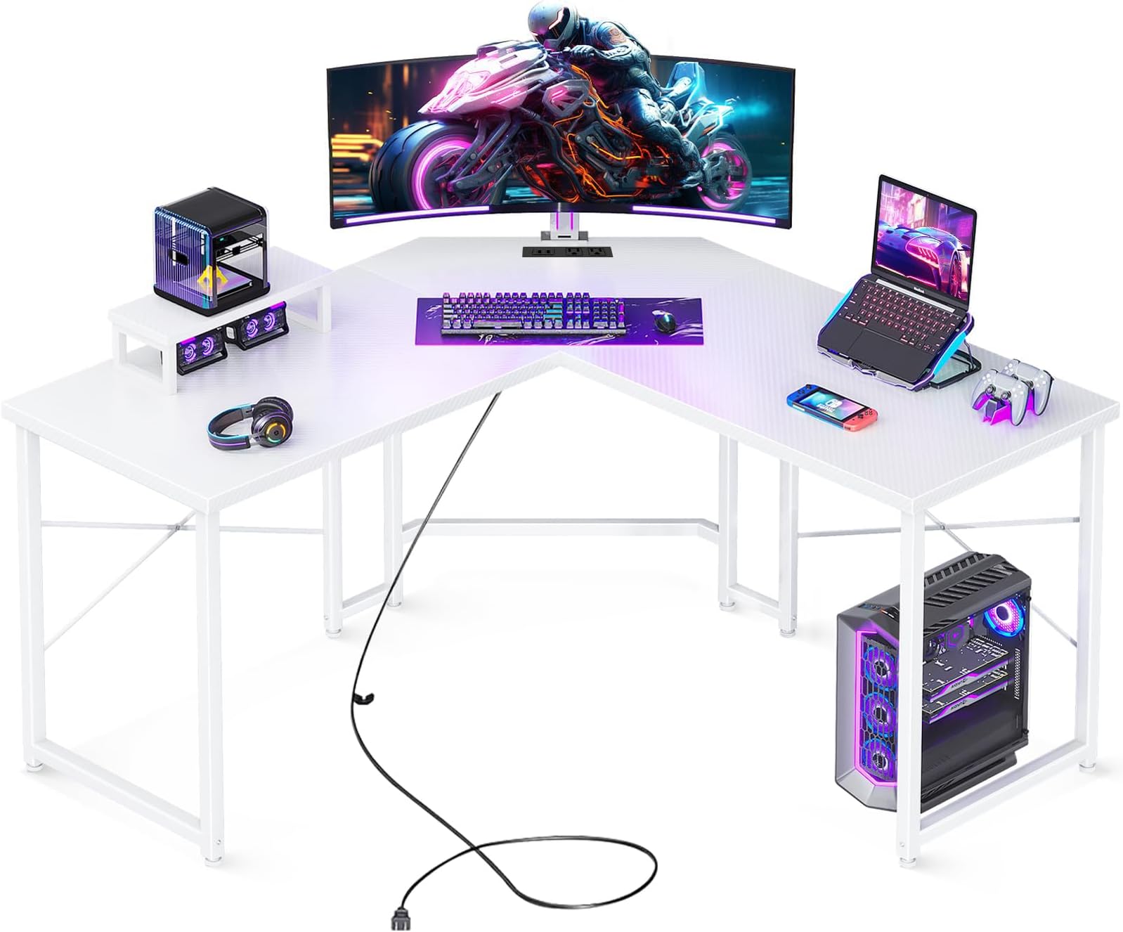Panana Escritorio Para Juegos En Forma De L Con Luces LED Y Tomas De Corriente, Escritorio Reversible Para Computadora Con Soporte Y Estantes, Escritorio Esquinero Para Oficina En Casa Con Puerto