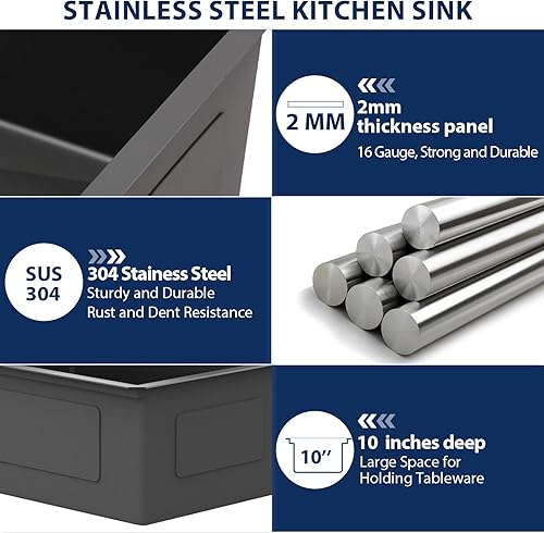 Miniatura 147 de Lordear Fregadero de cocina de montaje inferior de 23 pulgadas, estación de trabajo, fregadero de cocina de acero inoxidable calibre 16, cuenco