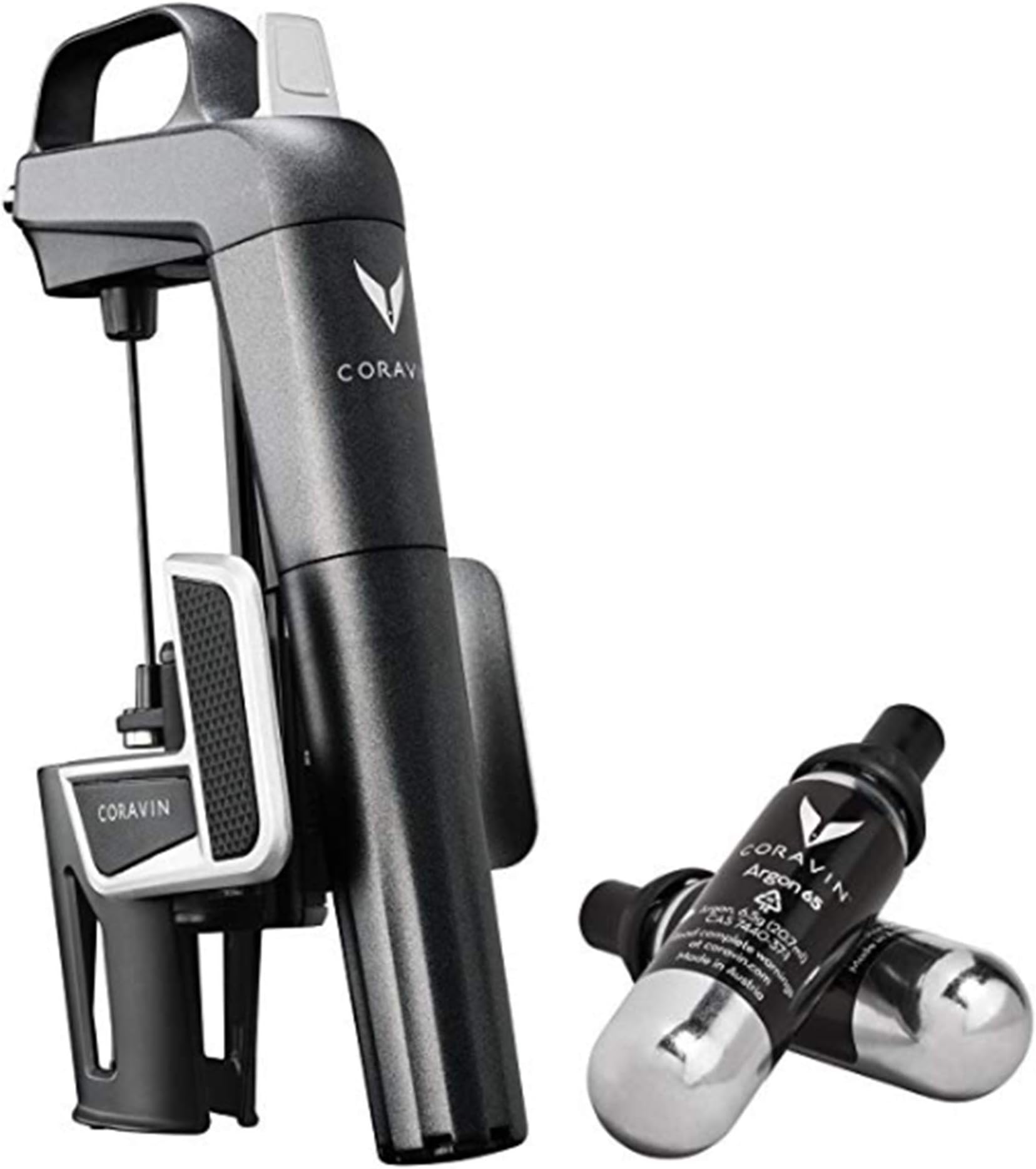 Model Two -Wine Preservation System - Bottle Opener, Needle Pourer, Aerator, and Wine Saver - Graphite - Includes 2 Argon Gas Capsules and Wine Needle