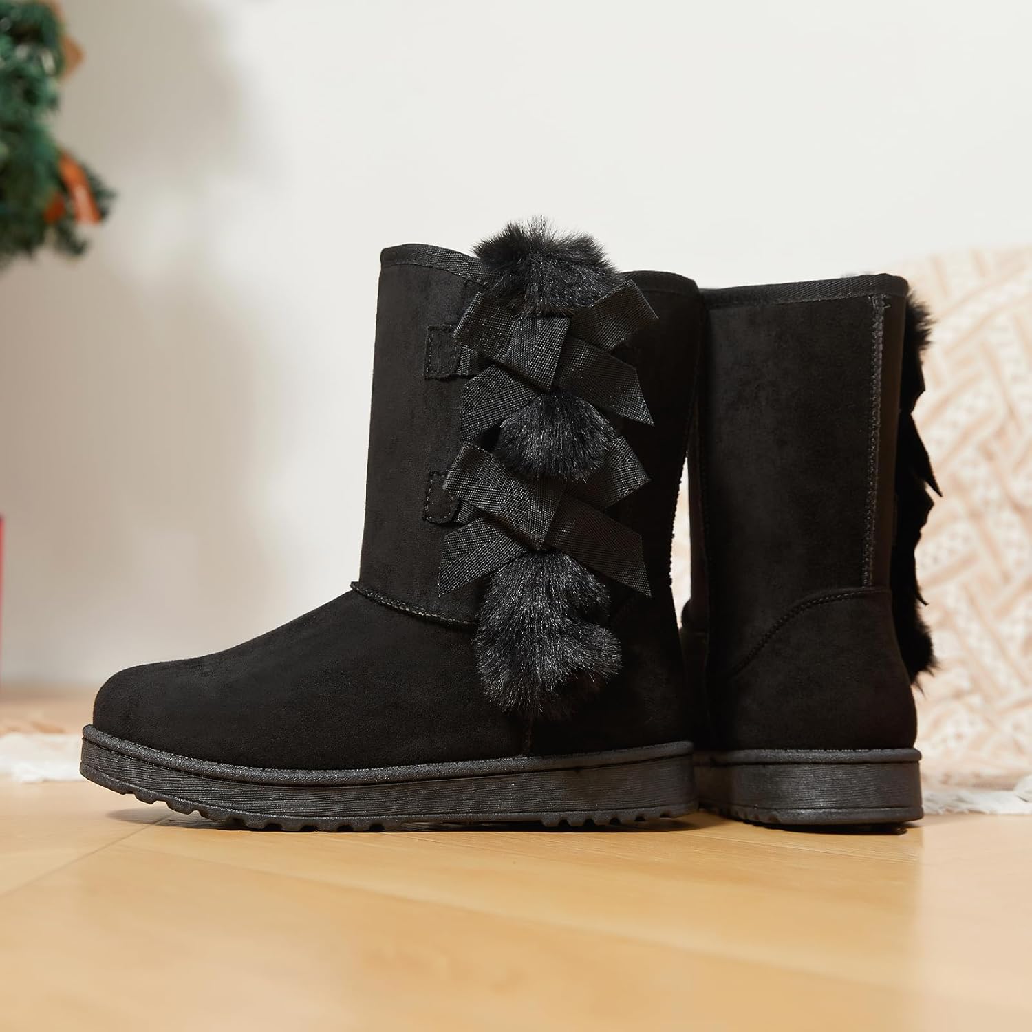 Eydram Women Winter Boots Fur Lined Fashion Mid Calf Boots for Women Warm Fuzzy Boots Comfortable Black Womens Snow Boots with Bowknot - Image 3