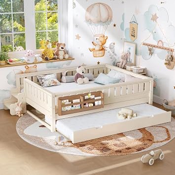 Queen Beige Bed with Bookshelves Staircase Storage Drawers High Guardrails Trundle Beige + MDF + Pine + Plywood + Queen