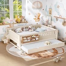 Queen Beige Bed with Bookshelves Staircase Storage Drawers High Guardrails Trundle Beige + MDF + Pine + Plywood + Queen