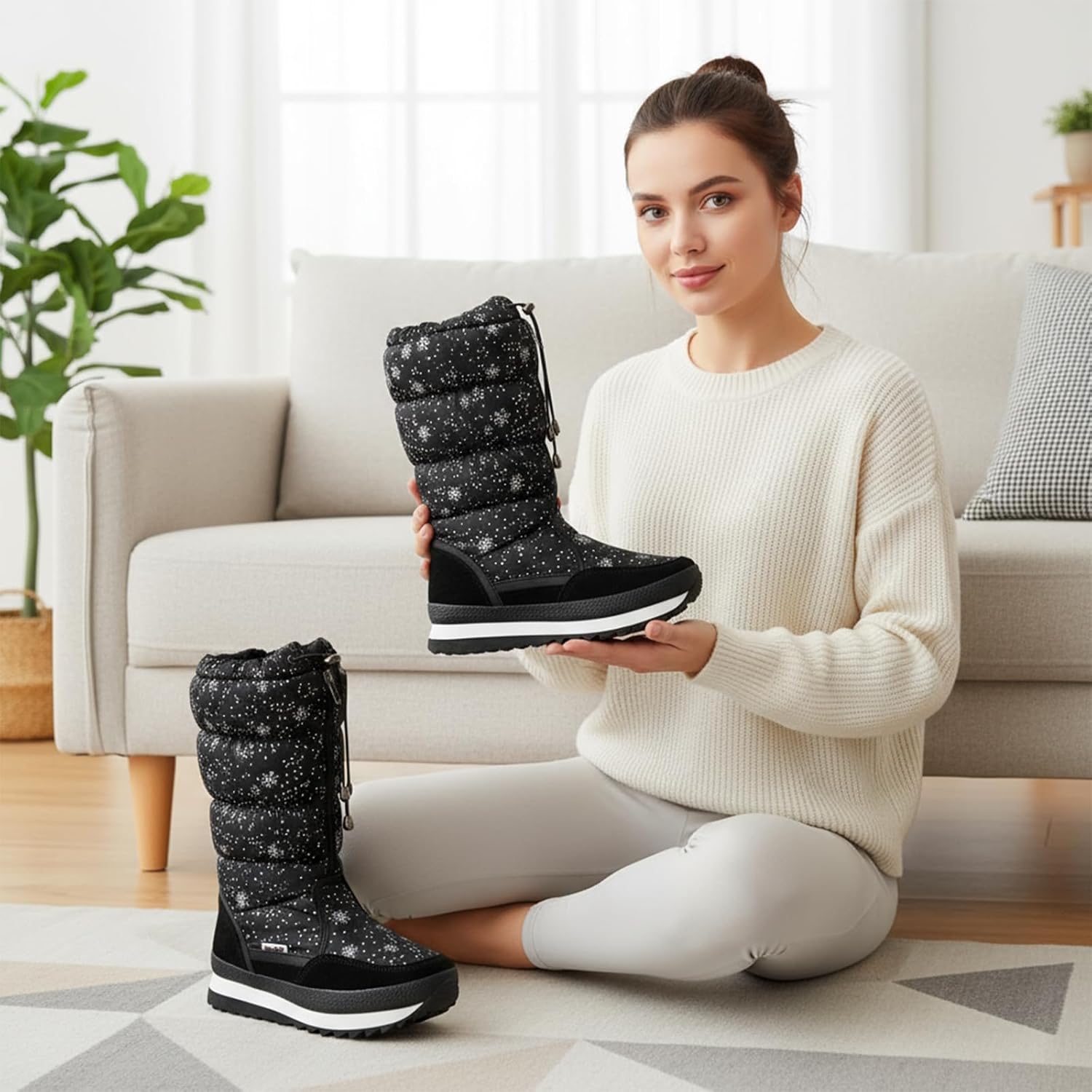 Women'S Snowflake Chunky Platform Snow Boots With Zipper, Comfortable, Impact-Resistant Round Toe Lugs. Non-Slip Elastic Sole. Mid-Calf Outdoor Boots For Walking, Hiking, Camping.
