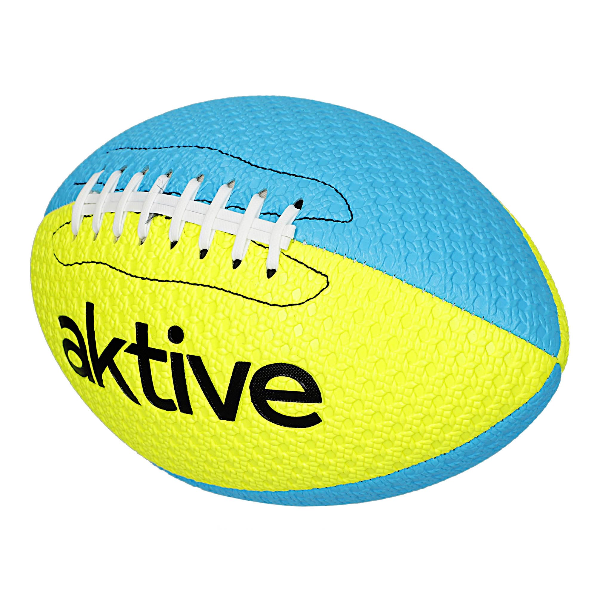 AKTIVE Ballon de Rugby en PVC, diamètre 22 cm, Taille 5, Jaune Fluo et Bleu, résistant et Durable, Prise en Main, idéal pour l'entraînement en Plein air, Les Sports, Les balles (54209)
