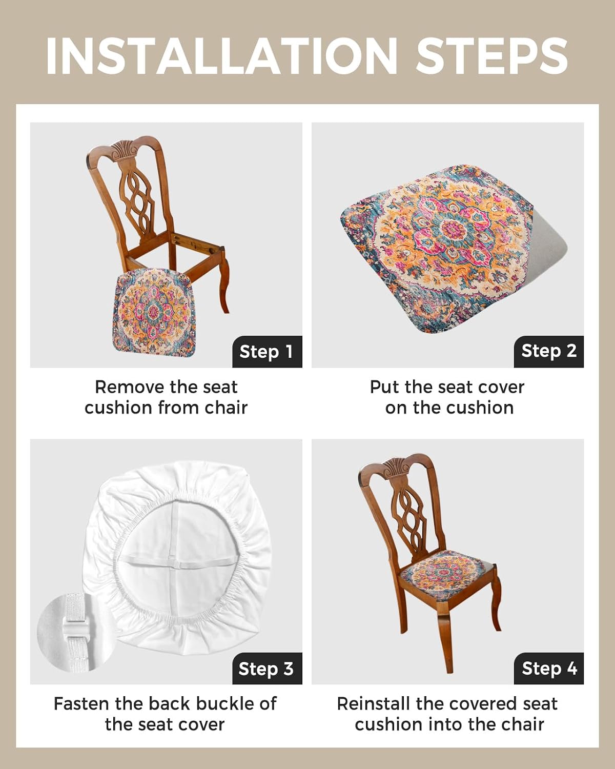 Savannan Dining Room Chair Seat Covers Set of 6 Retro Medieval Turkish Tattoos Removable Stretch Chair Seat Cushion Slipcovers Protector for Holiday Party Festival Decoration, Classic Boho Pattern
