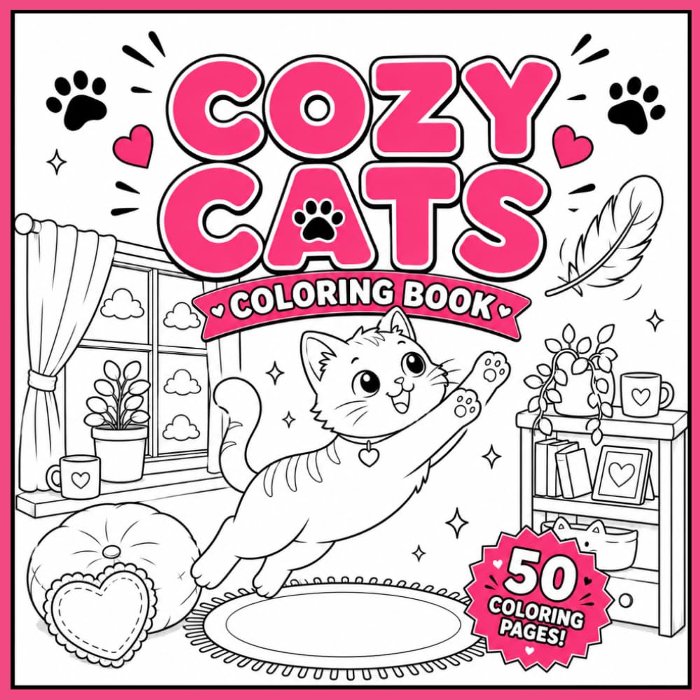 Cozy Cat Coloring Book: 50 Cozy Cat Designs for Adults & Teens – Cute and Relaxing Coloring Pages for Stress Relief and Creative Fun