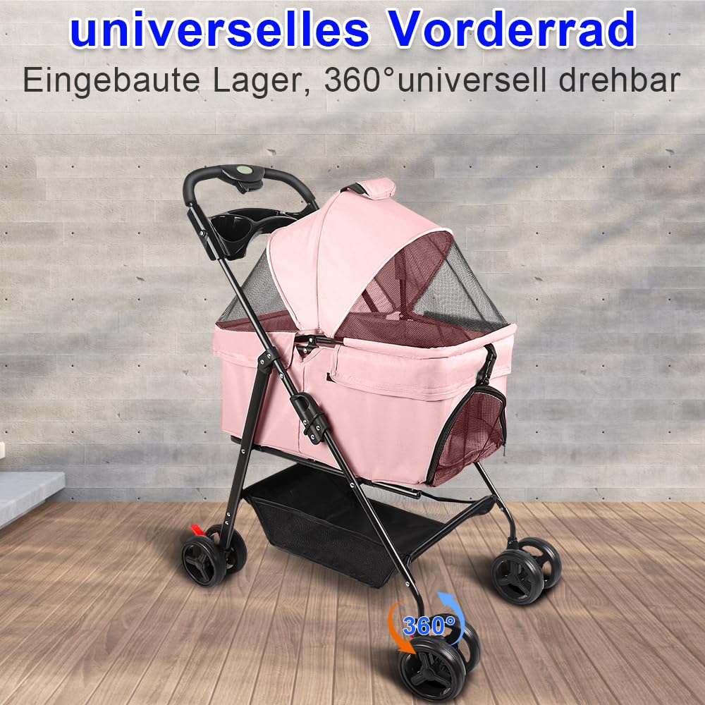 Passeggino 3 in 1 per cani e gatti, pieghevole con manico regolabile, 4 ruote, rete traspirante, grande capacità, facile da trasportare, 50 x 65 x 99 cm, rosa