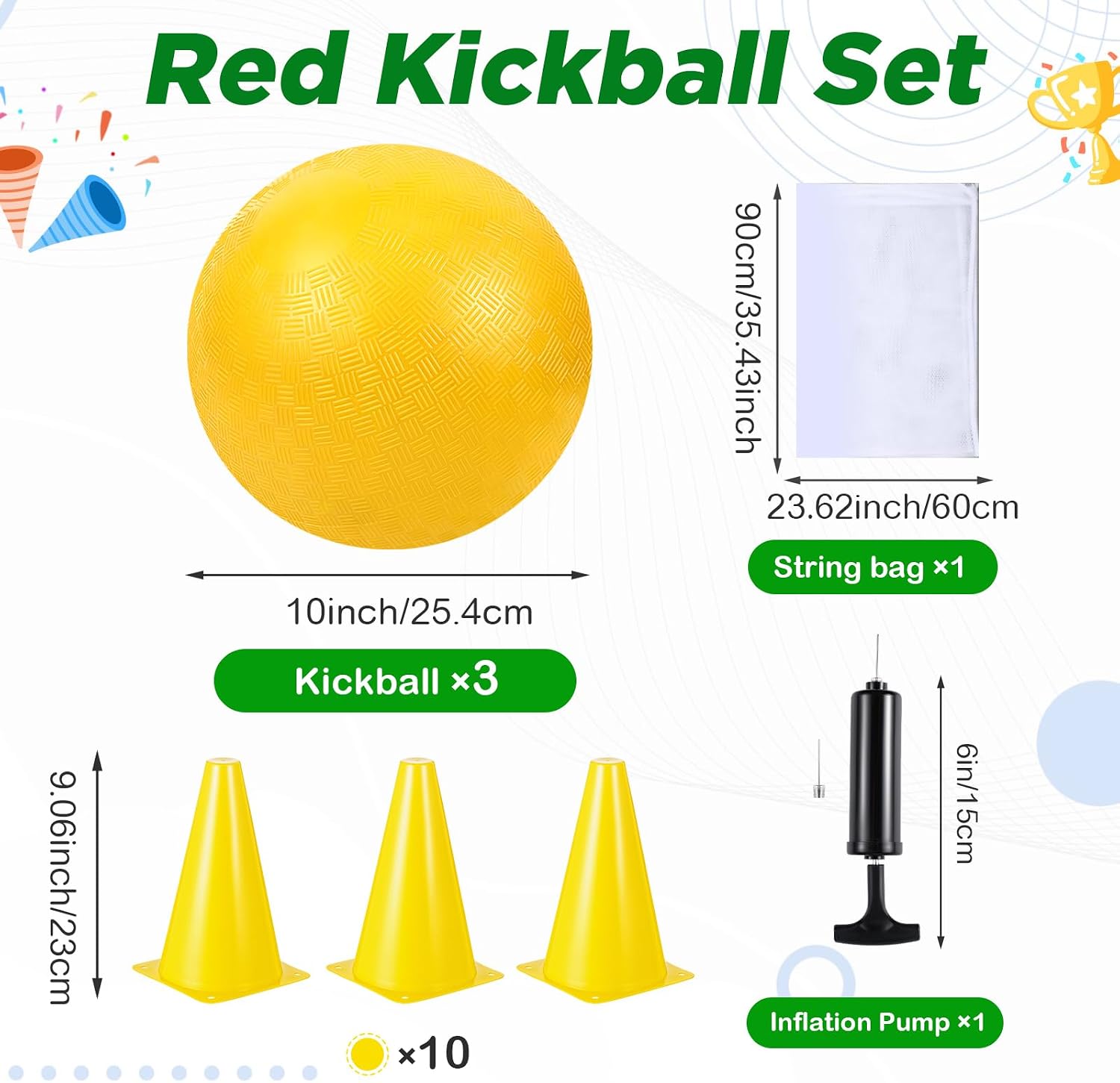 Jenaai 20 Pcs Sports Kickball Set, 3 10'' Playground Ball, 5 Rubber Throw Down Bases, Ball Pump, Net Bag, 10 Foul Line Cones, Kickball All in One Kit for Kids Adults Playground Backyard Game (Yellow)