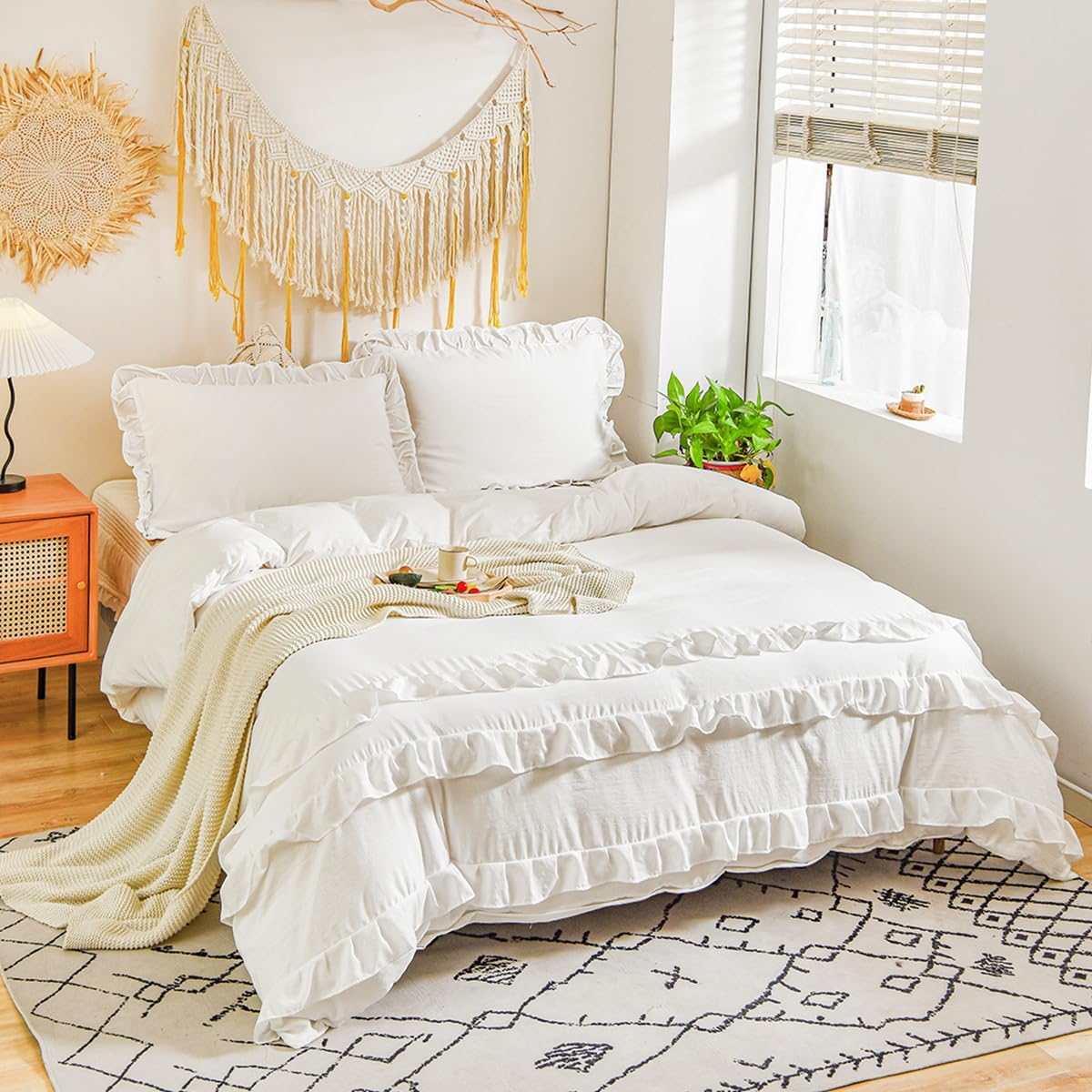 White Ruffle Duvet Cover Queen 3Pcs Shabby Chic Farmhouse Bedding Set Girls Soft 100% Washed Microfiber Duvet Cover Set Boho Vintage Ruffled Bedding with 2 Pillowcases(No Comforter) - Image 3