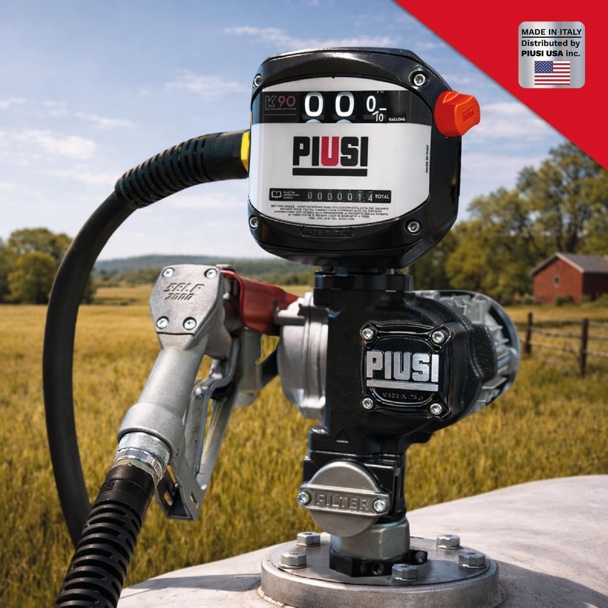 Piusi Panther EX72 UL AC Fuel Transfer Pump KIT 120V 60Hz for Diesel and Gasoline Continuous Duty High Pressure Rated (Pump with Manual Nozzle, Meter, and 12 Ft Hose)