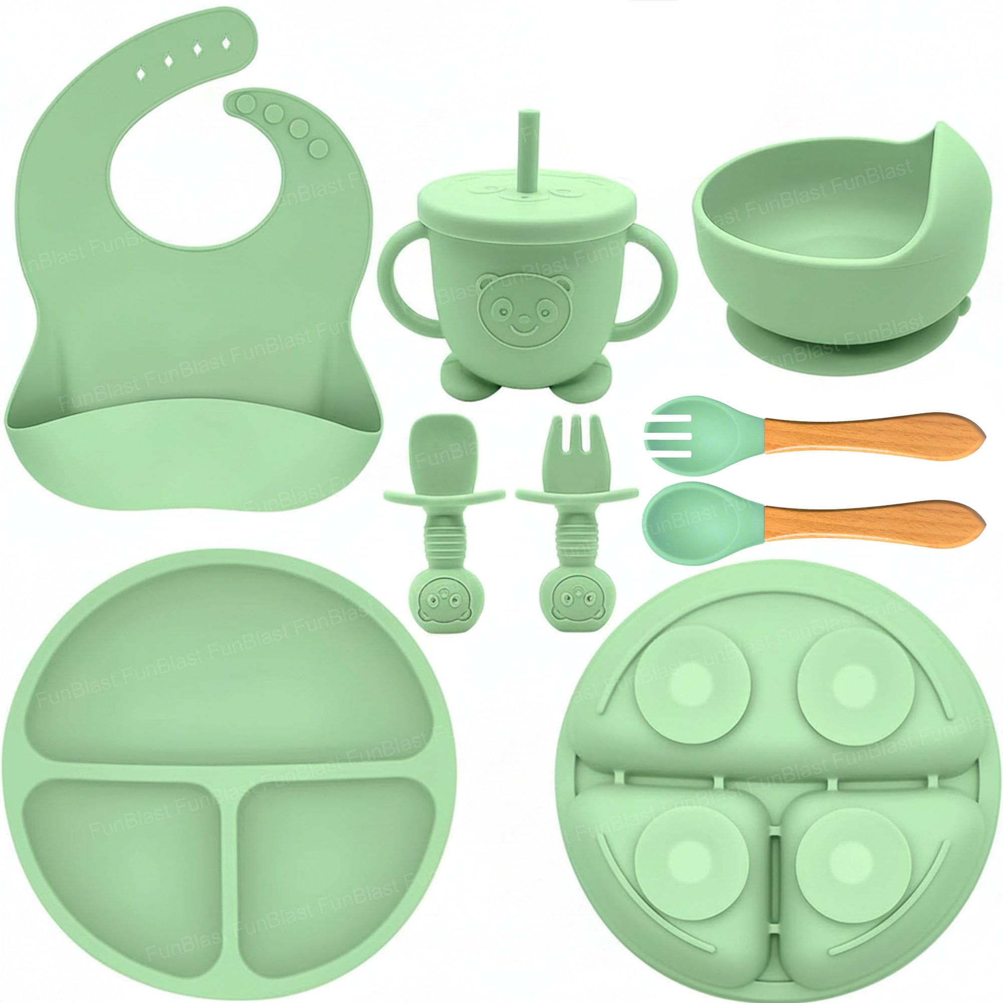 FunBlast Silicone Baby Feeding Set – 8 Pcs Tableware Dinner Set for Baby, BPA Free Baby Led Weaning Set with Suction Plate, Bowl, Cup, 2 Fork, 2 Spoon, Baby Bib, Silicone Dinner Set for Baby (Green)-image-39