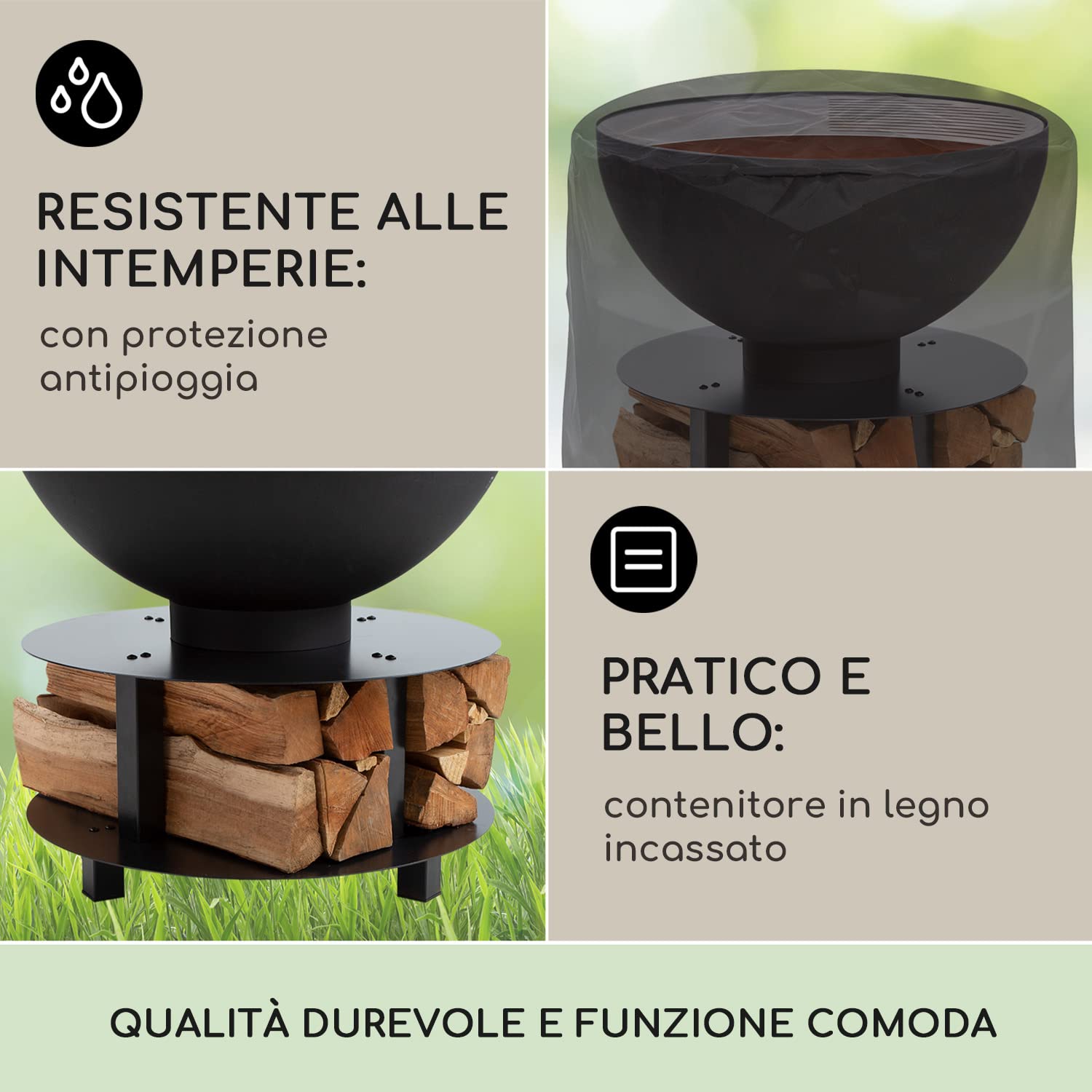 Blumfeldt Braciere da Giardino, Bracere da Esterno Portatile con Griglia, Braciere Barbecue con Griglia in Acciaio Inox, Bracere da Esterno Legna, da Campeggio Copertura 60 x 56 x 60 cm