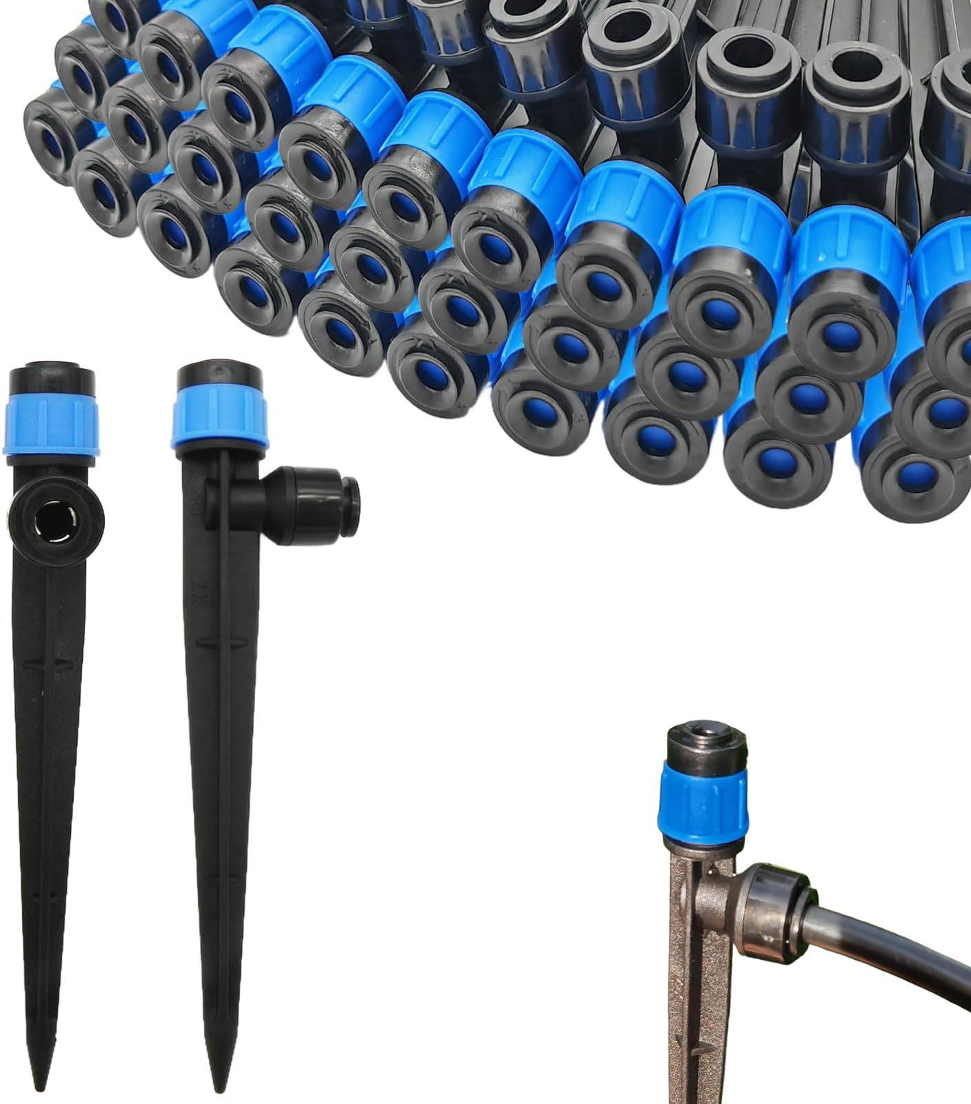 30pcs Drip Irrigation Emitters - Push-to-Quick Connect to 1/4" Tube - Adjustable 360 Degree Drippers Emitters Vortex on 5.8" Stakes-Garden Watering System (Blue Emitters Vortex-30 PCS)
