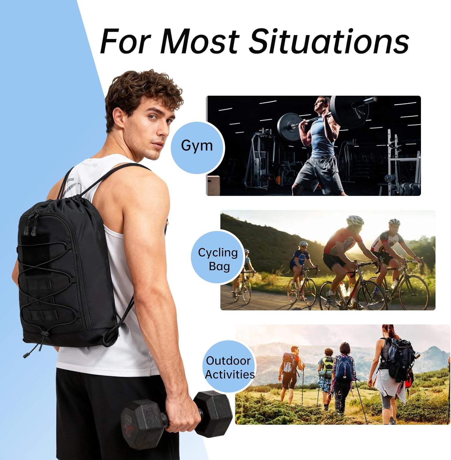 seyfocnia Drawstring Backpack Tactical String Gym Bag with Zipper Pockets, Waterproof Cinch Bag Sport Gym Backpack for Men, Black
