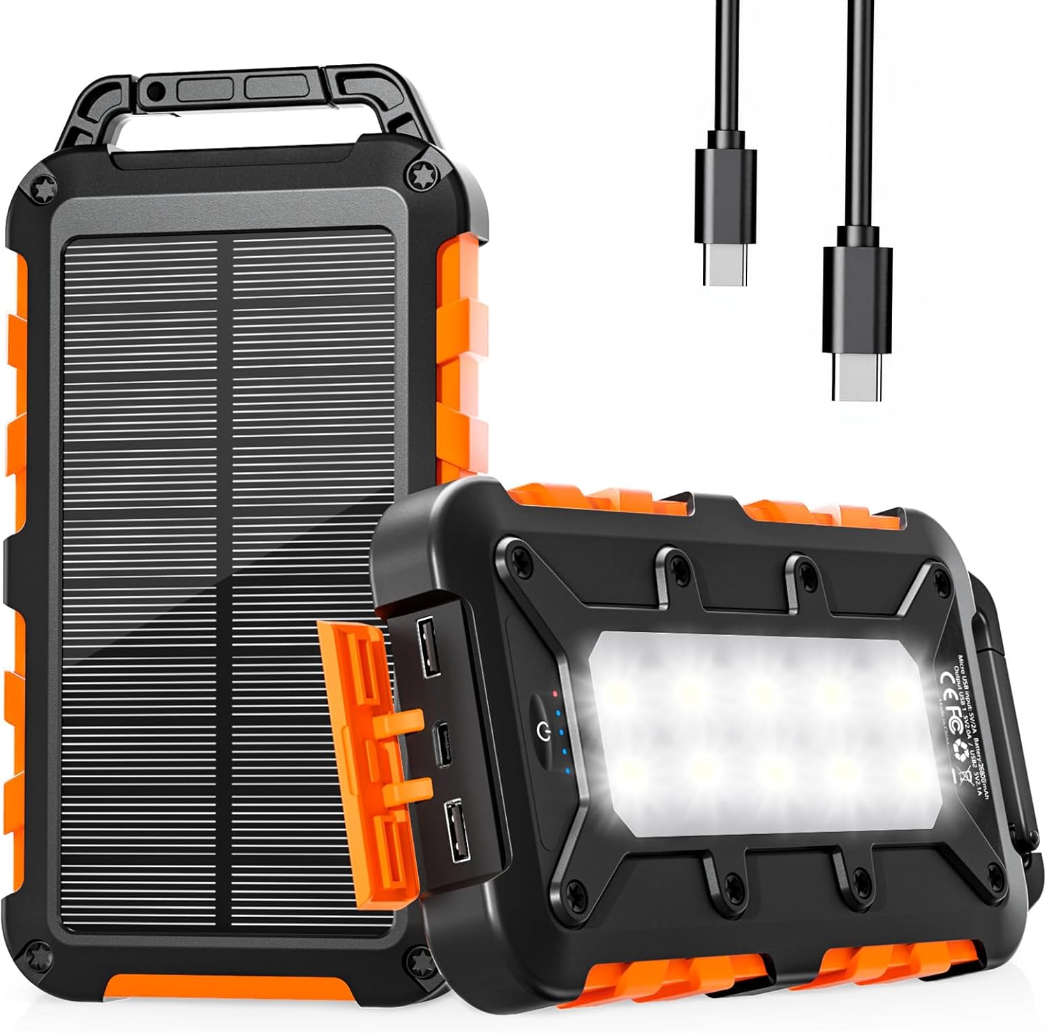 Solar Charger 26800mAh, Power Bank Solar Portable External Battery PD15W USB C Fast Charging Waterproof 3 Outputs and 2 Inputs with LED Flashlight for Mobile Tablets Etc.(Orange)