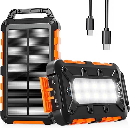 Cargador Solar 26800mAh, Power Bank Solar Batería Externa Portátil PD15W USB C Carga Rápida Impermeable 3 Salidas y 2 Entradas con Linterna LED para Moviles Tabletas Etc.(Naranja)