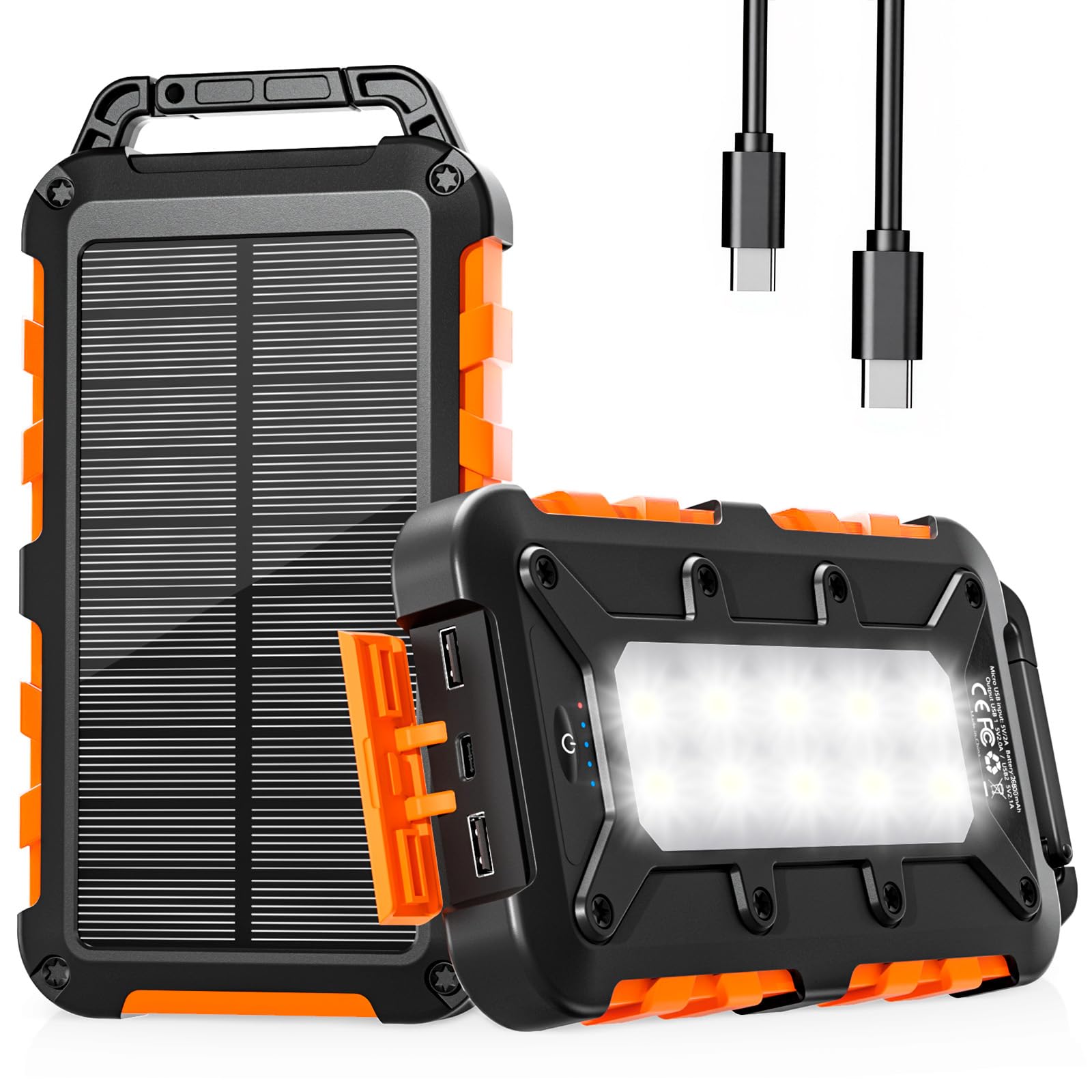 Batterie Externe Solaire 26800mAh, PD15W Chargeur Solaire Power Bank Portable USB C 3A Charge Rapide avec 3 Ports, Câbles et Lampe pour Smartphone, Tablette, Camping et Plus (Orange)