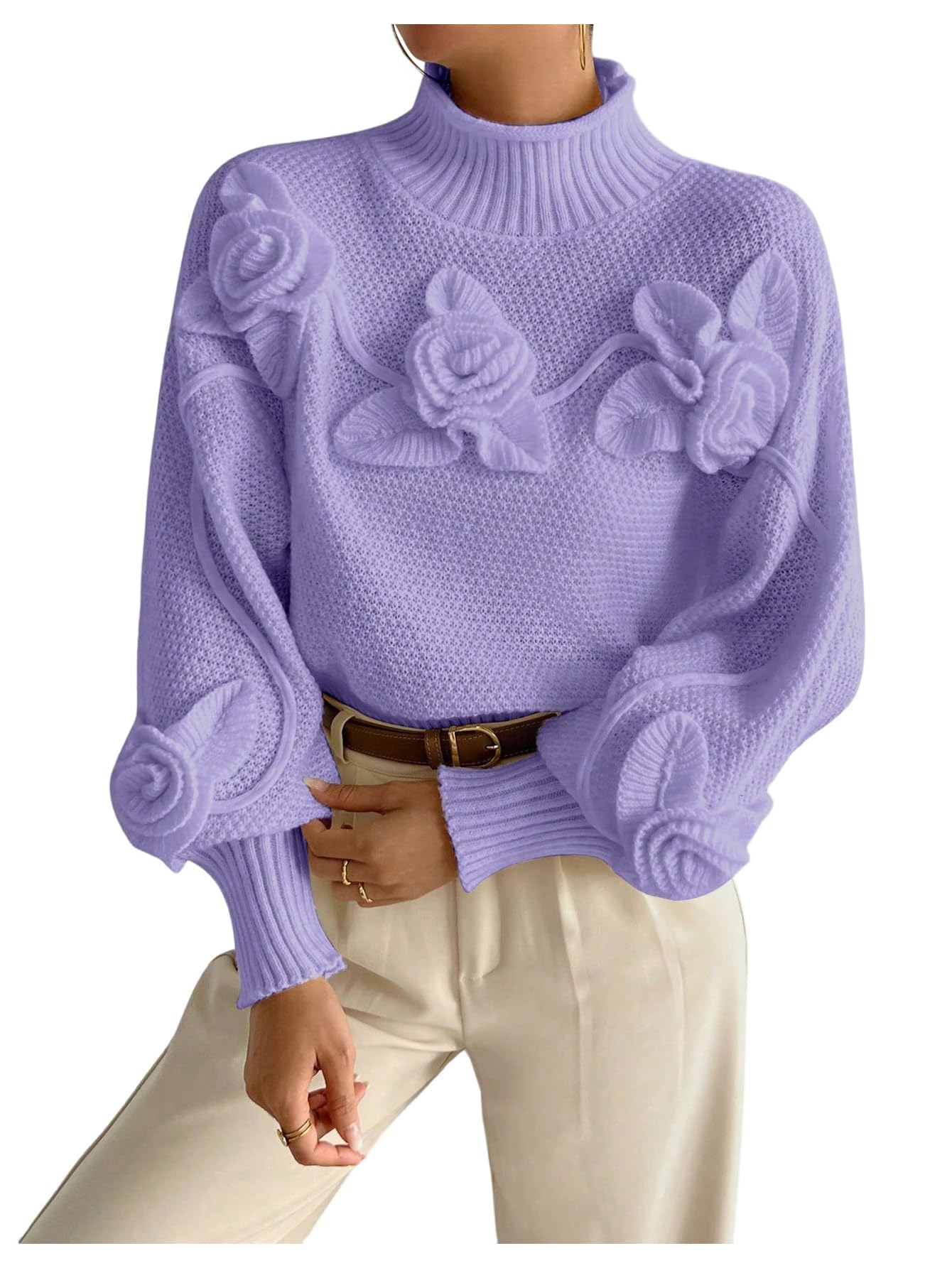 Womens Cable Knit 3D Floral Mock Neck Sweaters Fall Trendy Long Lantern Sleeve Cozy Pullover Sweaters