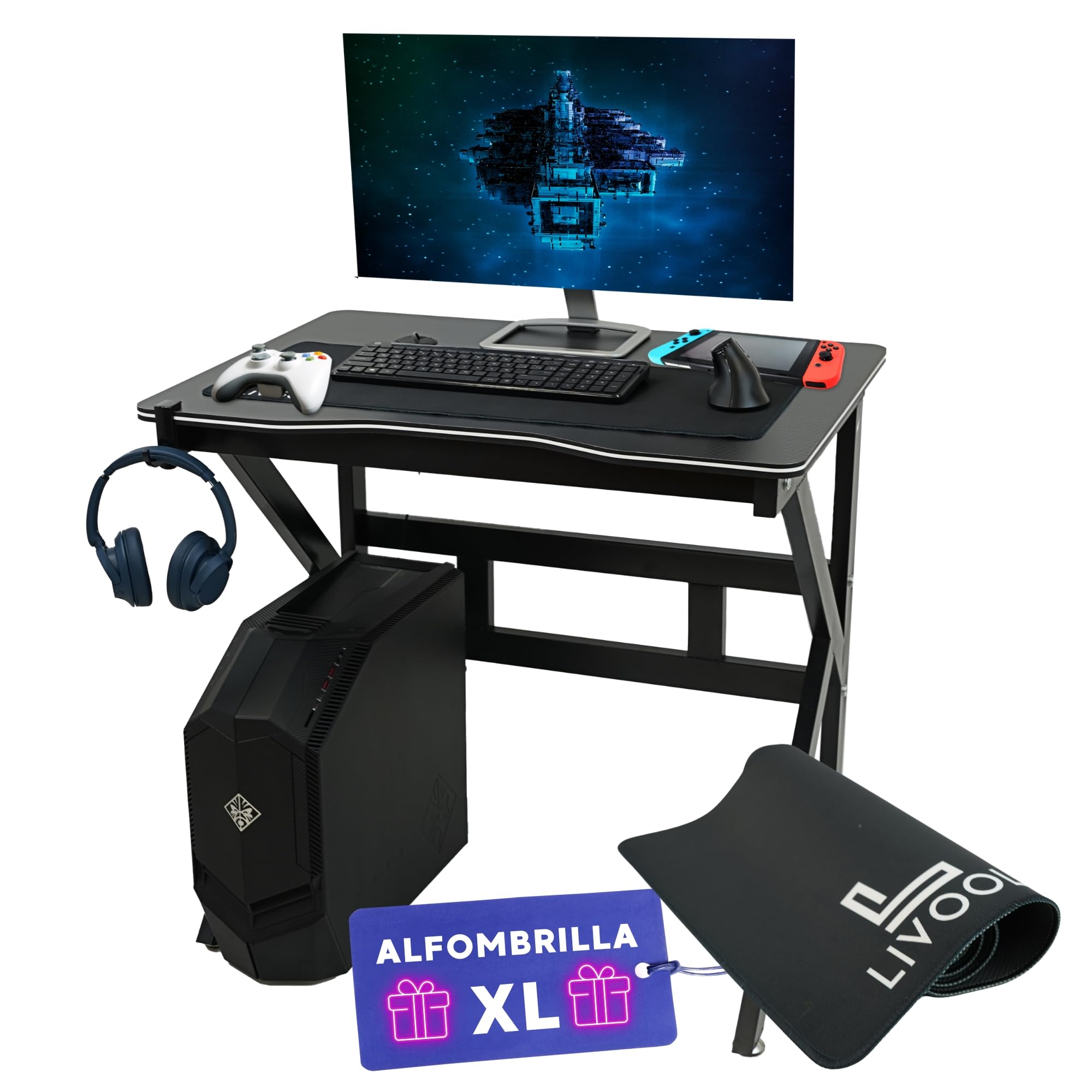 ️ Escritorio Gaming + Alfombrilla XL | Mesa Gaming Acabado en Fibra de Carbono - Escritorio de Oficina