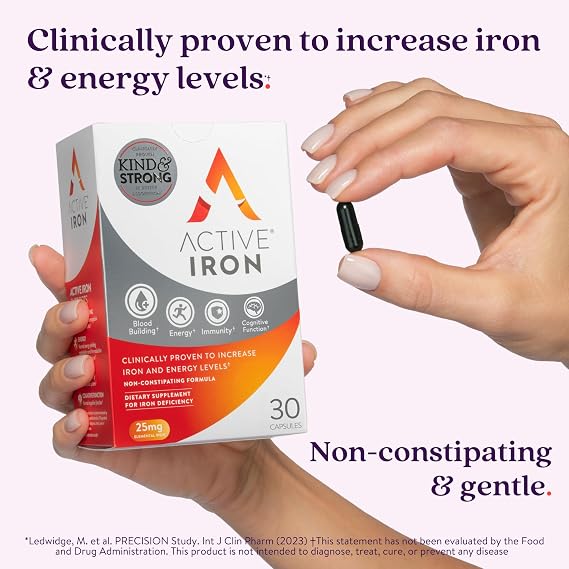 Active Iron Supplement 25mg, Clinically Proven to Increase Iron & Energy Levels, Maximum Absorption, Gentle, Non-Constipating, Avoids Nausea & Side Effects, 30 On-the-Go Foil Protected Capsules