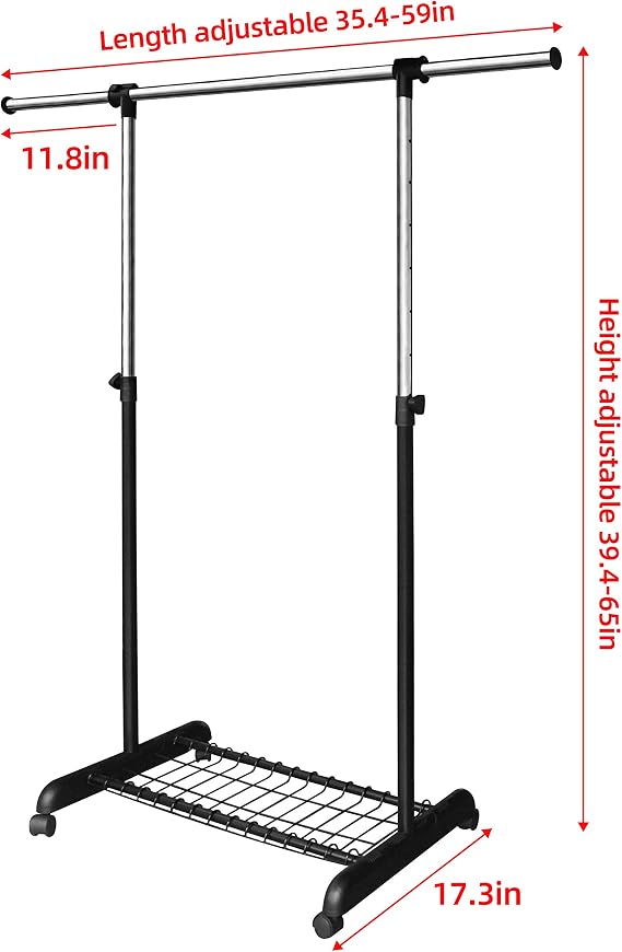 LiaMeE Adjustable Clothing Rack for Hanging Clothes, Heavy Duty Garment Rack with Wheels,Free Standing Rolling Clothes Rack with Shelf & Grid, Easy Assembly Standard Rod, Black & Chrome