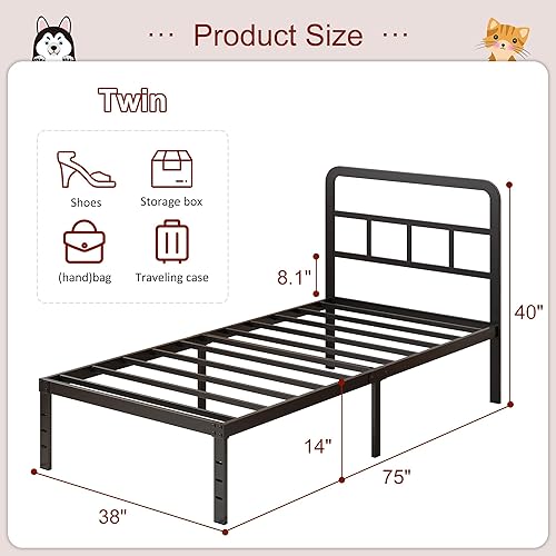 Miniatura 2 de Base de cama individual con cabecero, marcos de cama individual de 14 pulgadas, no necesita somier, soporta hasta 2500 libras, sin ruido, fácil de