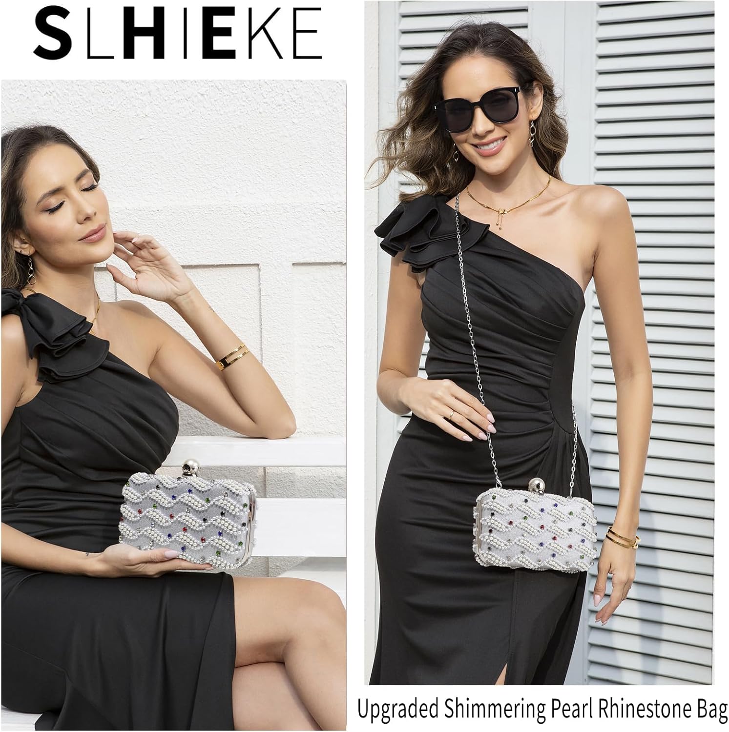 Rhinestone Evening Clutch for Women - No Glue Odor, Shimmering Formal Handbag with Detachable Chainfor Wedding, Prom, Party | 4-in-1 wearing, Double sided pearls, Handmade inlay