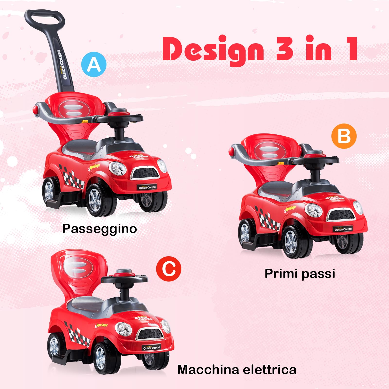 COSTWAY 3 in 1 Macchina Cavalcabile a Spinta per Bambini, con Guardrail Staccabili e Maniglia Clacson, Spazio di Archiviazione Nascosto e Design Anti-ribaltamento, Ideale per Bambini 2-6 Anni (Rosso)