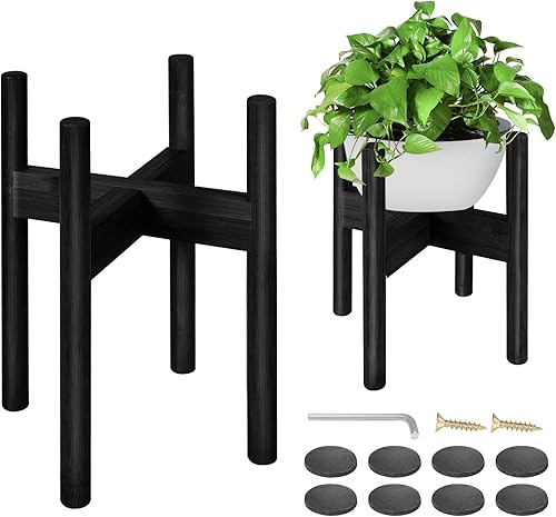 Paquete de 2 soportes de bambú para plantas, soporte ajustable para plantas de interior, soporte moderno de mediados de siglo, soporte para plantas
