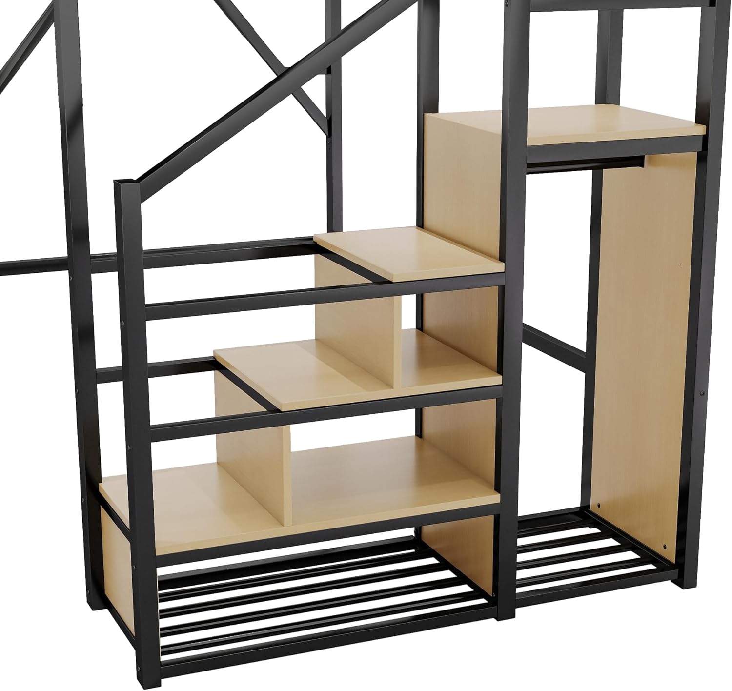 KEIKI Full Size Metal Loft Bed Frame with Convertible Staircase, Built-in Storage Shelves & Wardrobe, Loft Bed with Solid Slats & Guardrail, No Box Spring Required, Easy Assembly, for Bedroom, Black