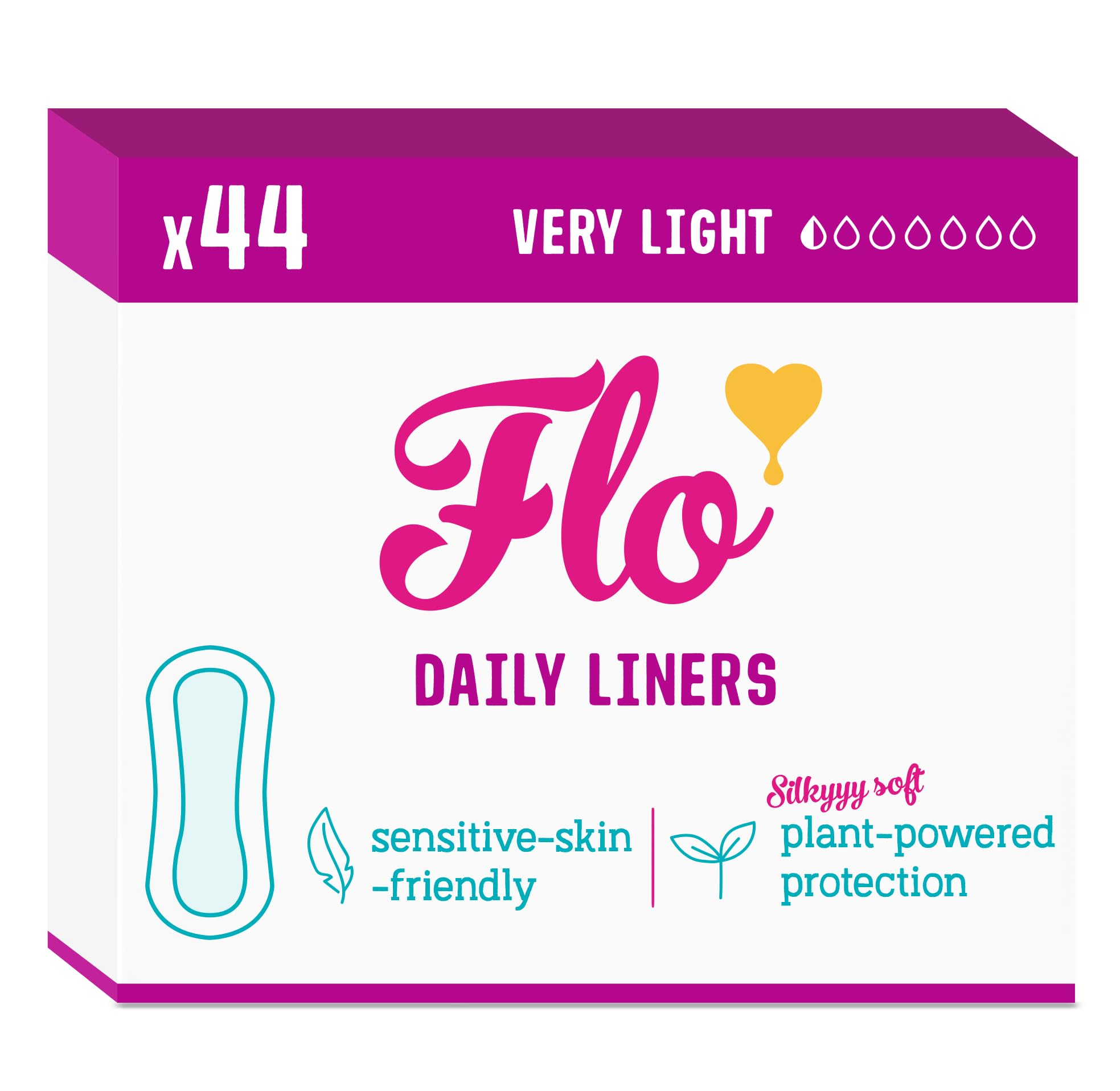 FLO Organic Bamboo Panty Liners for Women - Leak-Proof, Highly-Absorbent, Slim - Individually Wrapped - 44 Pack