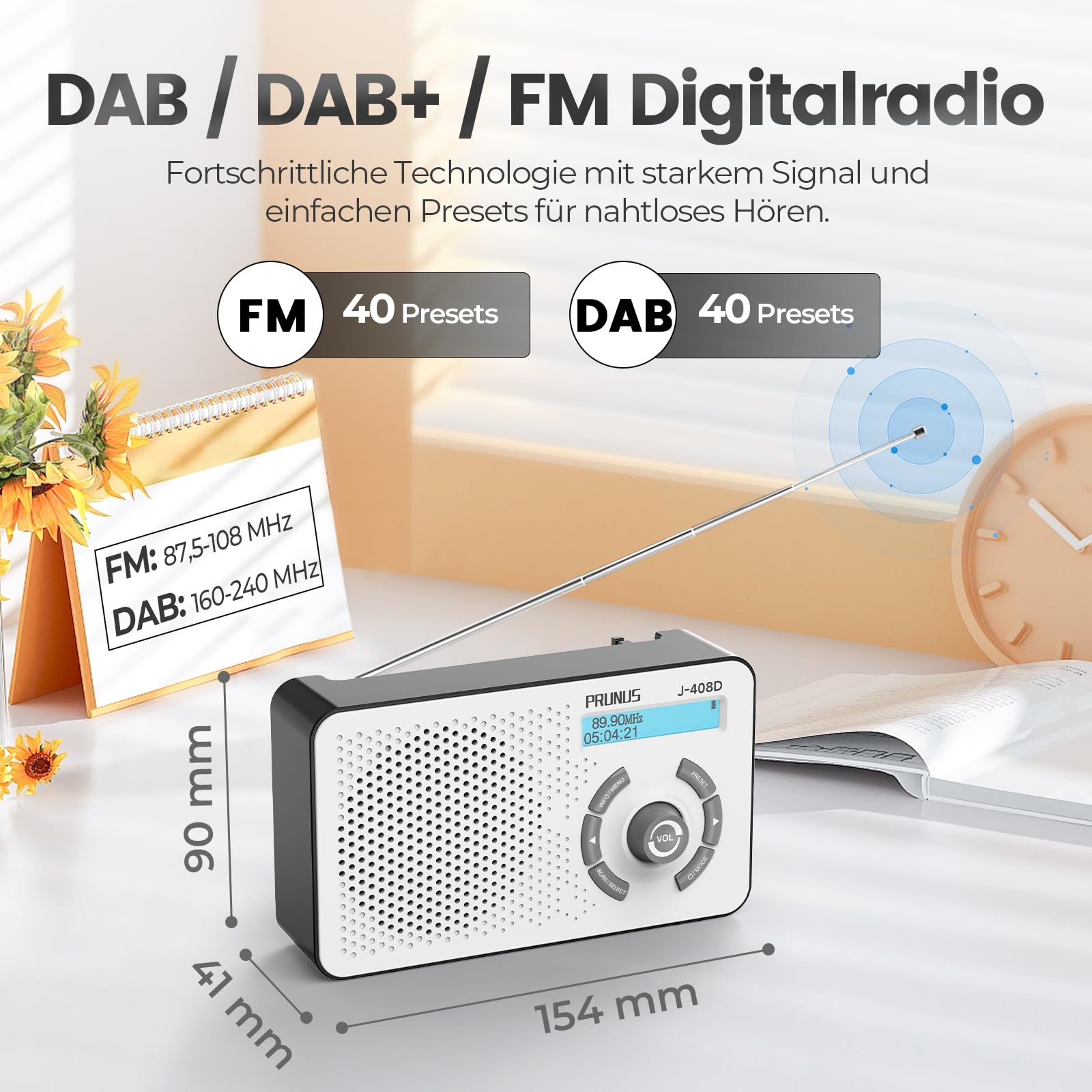 PRUNUS J-408 UKW DAB Radio mit Bluetooth 5.3, DAB Plus Radio Batteriebetrieben oder 2000mAh Akkubetrieb, Digital Radio mit 40-FM & 40-DAB Voreinstellungen, Kopfhörerbuchse/Dual Alarm/Sleep-Timer.