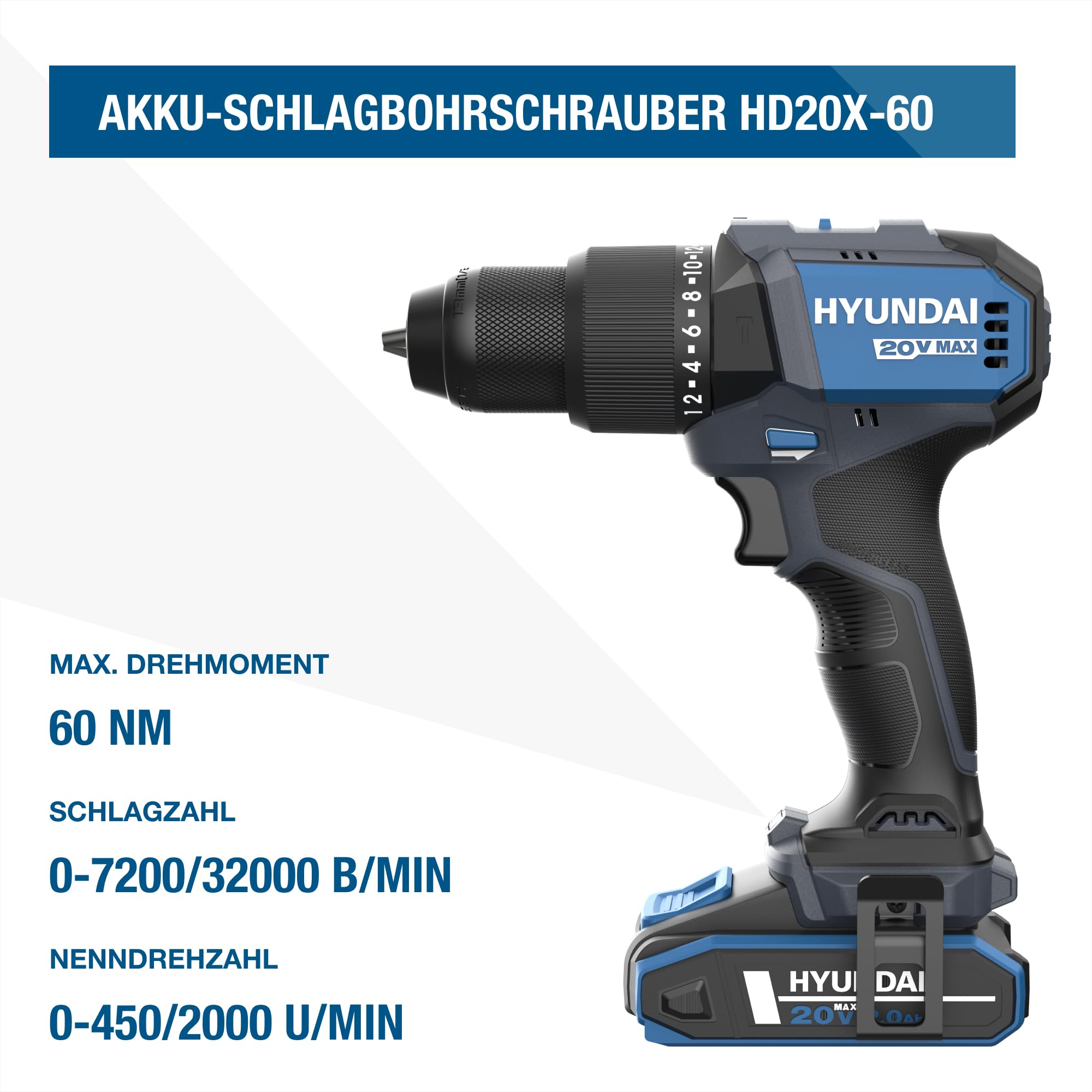 HYUNDAI 20V Max Akku-Werkzeugset | Schlagbohrschrauber + Winkelschleifer | bürstenloser Motor | Lieferumfang: HD20X-60, AG20X-115, 1 x 2.0Ah und 1 x 4.0Ah Akku, Ladegerät, Stofftasche