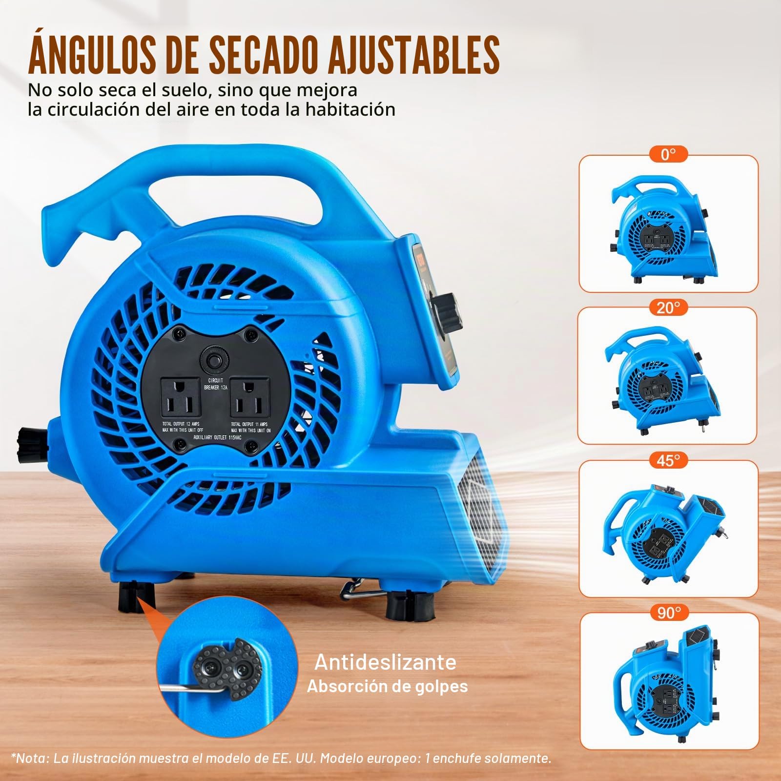 VEVOR Soplador de Suelo 1360 RPM Ventilador de Secado por Enfriamiento 17 m³/min Secador de Alfombras Portátil 4 Ángulos de Soplado Temporizador 3 Velocidades para Limpieza, Hogar, Comercial