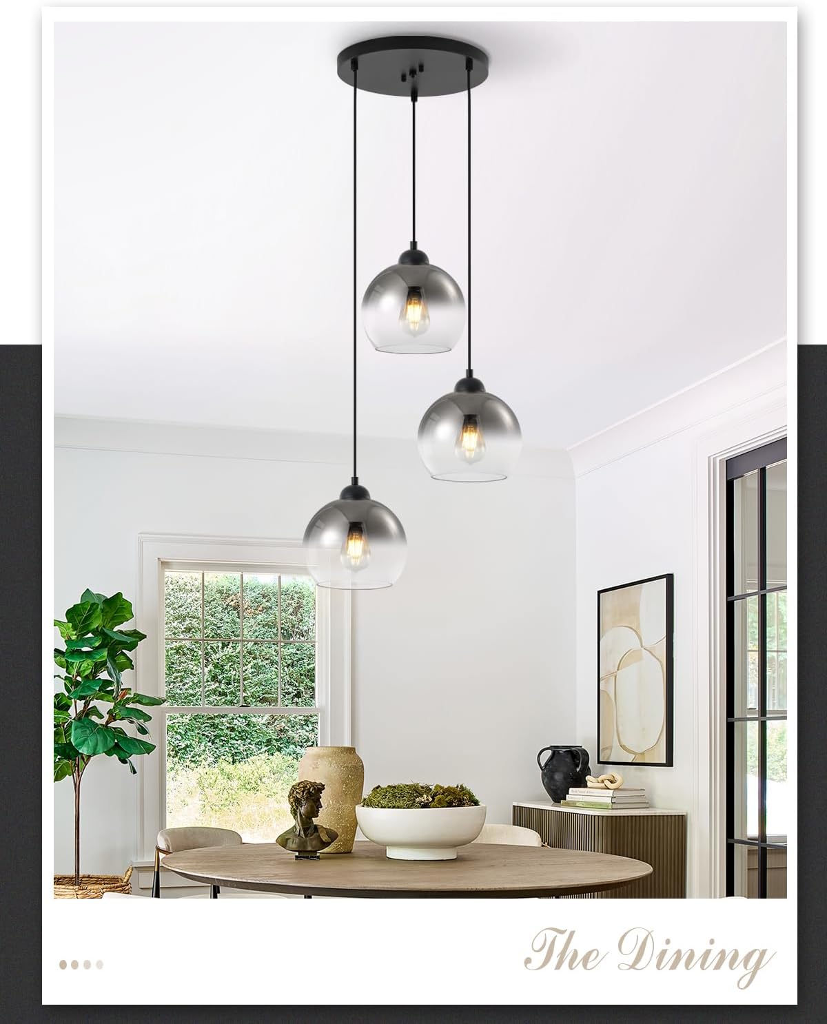 Modern Gradient Smoke Gray Glass Pendant Light,3-Light Globe Adjustable Hanging Pendant Light for Bedroom Kitchen Island Dining Room Stairwell