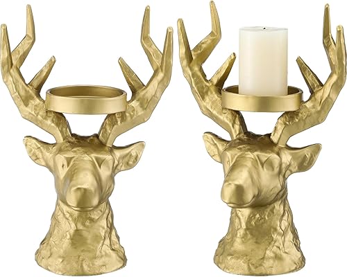 Thyle Juego de 2 candelabros dorados de renos para decoración de mesa de ciervo de Navidad, soporte de vela de resina con cabeza de ciervo para