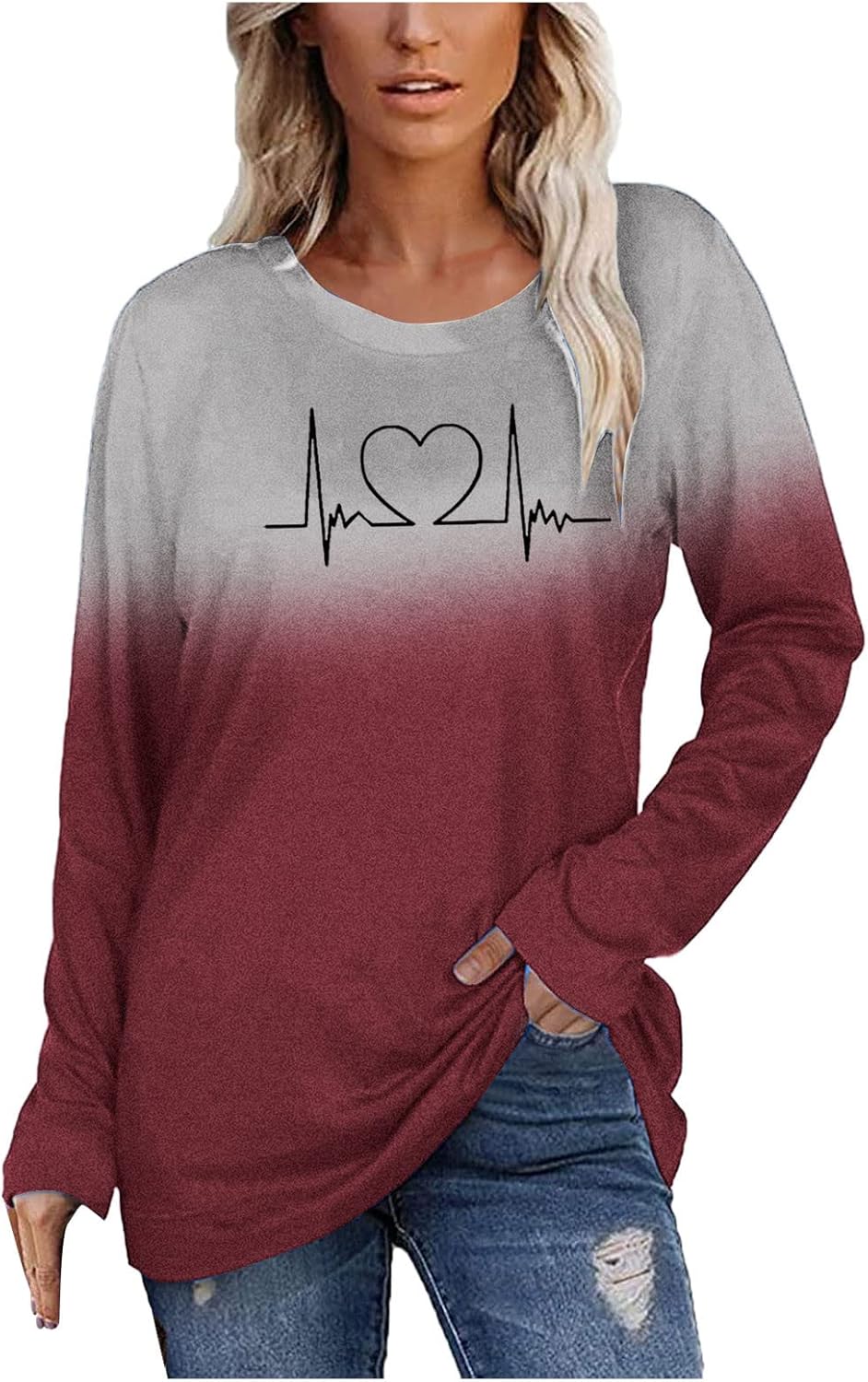 SNKSDGM Womens Shirt Women's Gradient Print Hoodie and Sweatshirt Oversized Pullover Long Sleeve White Flower Shirts