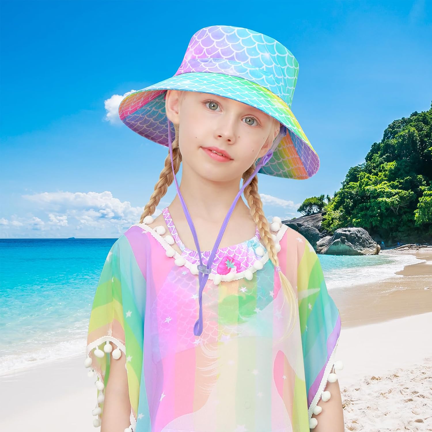 Kids Bucket Hat Anti-UV Toddler Girls Sun Hat Wide Brim UPF 50+ Sun Protection Packable Summer Beach Hat for Girls 2-9