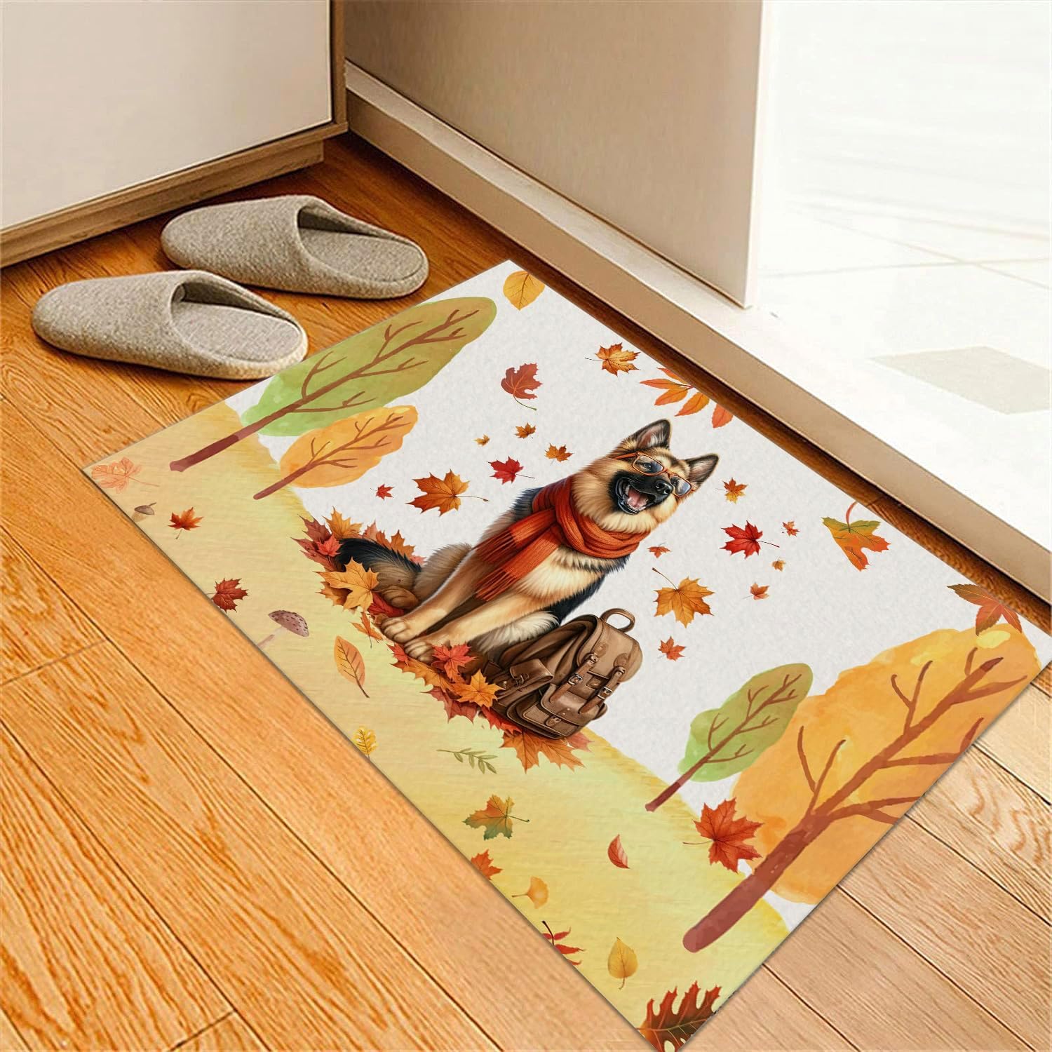 Welcome Fall German Shepherd Enjoys School Time Autumn Fall Leaves Doormat Alsatian Dog Lover Gifts Indoor Outdoor Welcome Mat - 02013