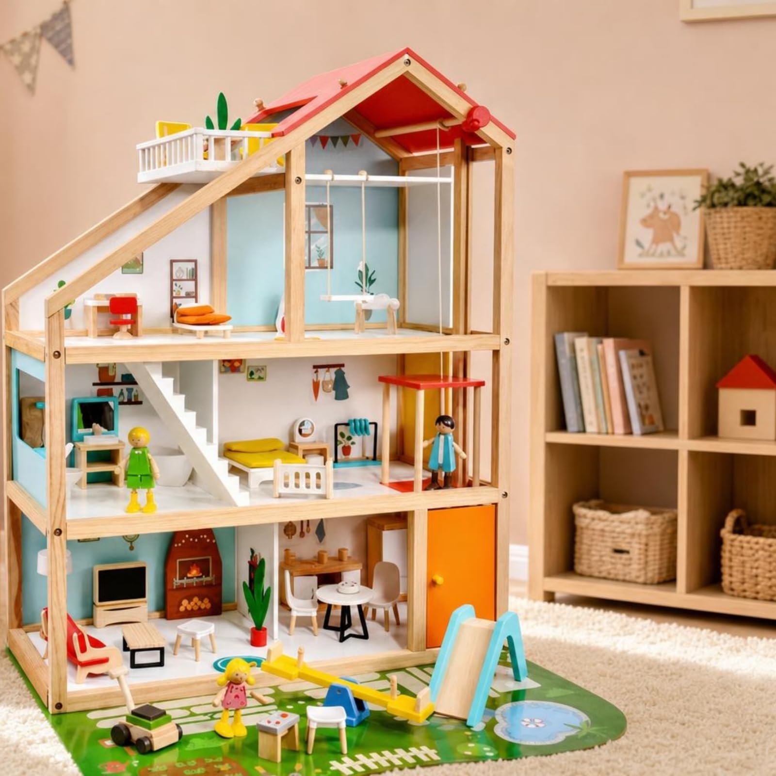 Almencla Puppenhaus Holz Puppenhaus Spielhaus Miniaturhaus mit Kompletter Ausstattung Figuren Möbeln Und Outdoor Zubehör für Geschwisterspiel Reise Geeignet