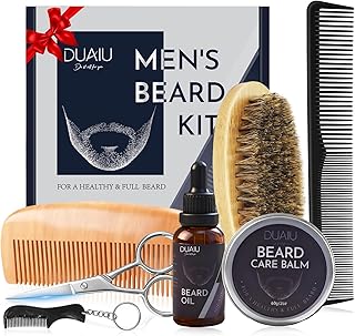 DUAIU Bartpflege Set für Männer, 7 in 1 Set mit Bartöl, Bartwachs, Holzbürste, Bartkamm, Schere & Mini-Kamm - Geschenkset Männer für Weihnachten, Geburtstag (Geschenke für Männer, Papa, Ihn)