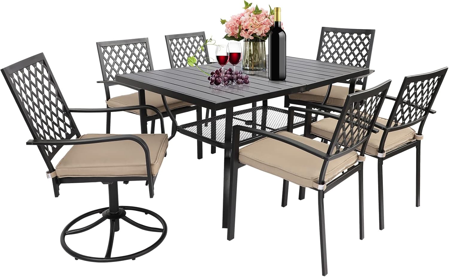 Grepatio 7-Piece Patio Dining Set - Outdoor Cast Iron Table and 2Pcs Swivel Chairs 4Pcs Stackable Chairs with 2" Umbrella Hole and Cushions for Porch, Poolside, Balcony : Patio, Lawn & Garden